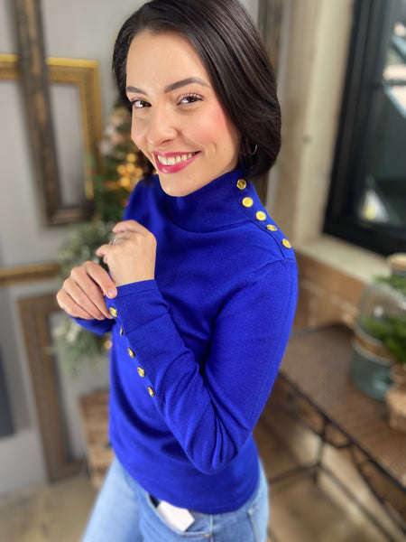 Royal Blue sweater with gold button details