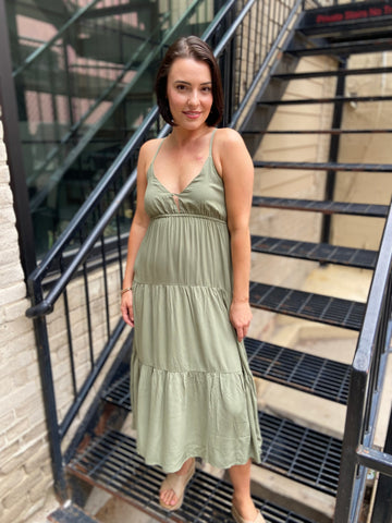 Keelie Olive Green Tiered Midi Dress