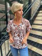 Nelly Brown Floral Neck Tie Ruffle Blouse