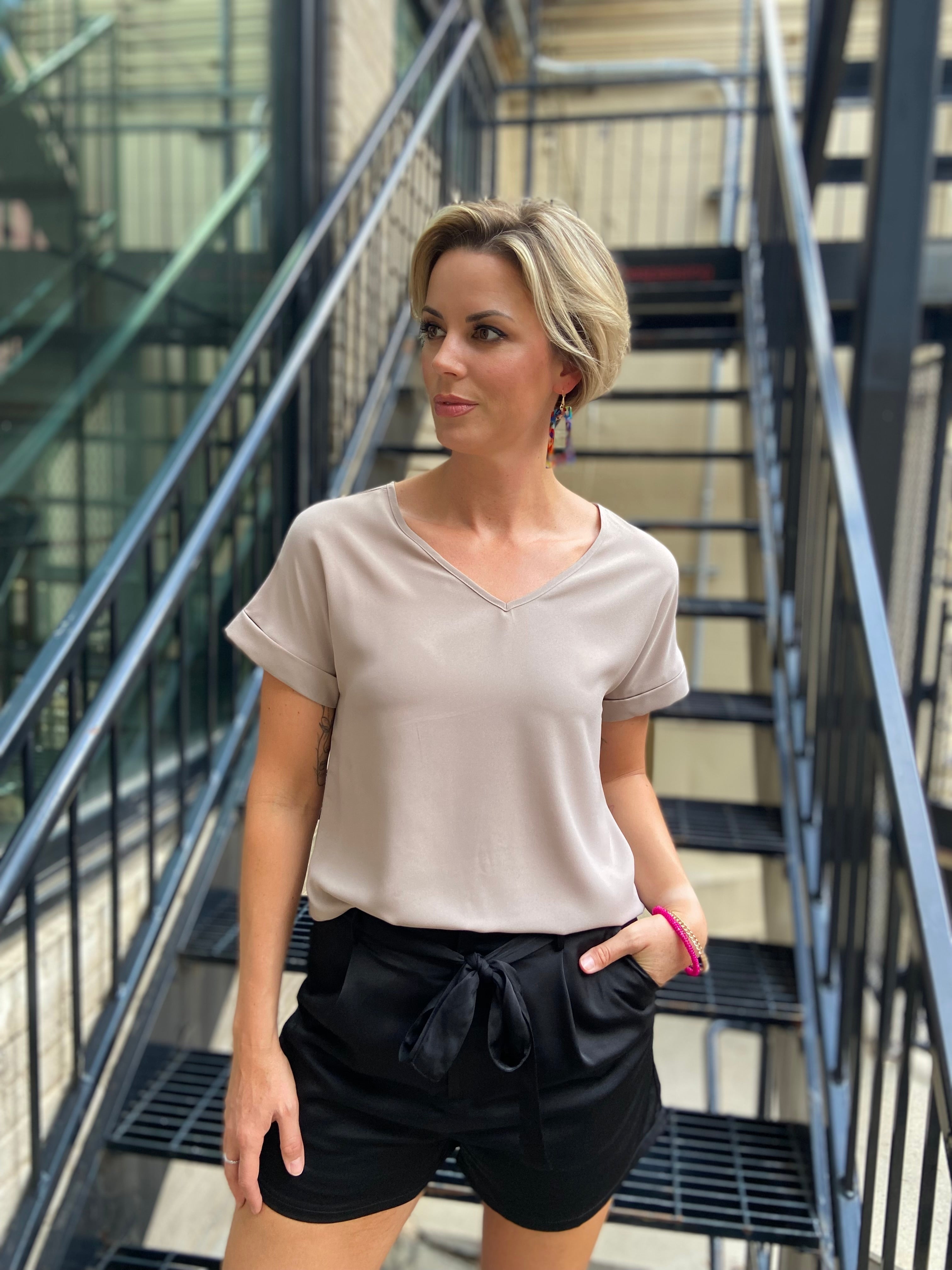 Rina Ash Mocha Cuffed Sleeve Top