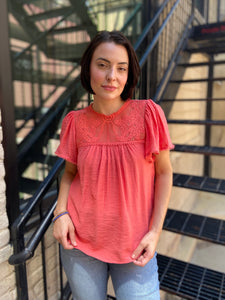 Fallon Coral Sheer Lace Blouse