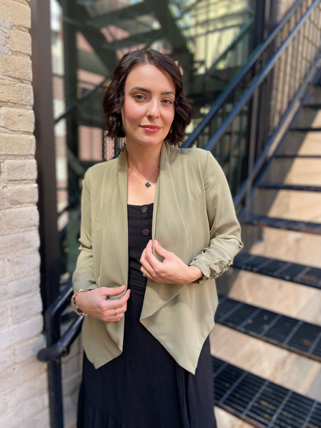 Sadi Olive Half Sleeve Open Cropped Blazer