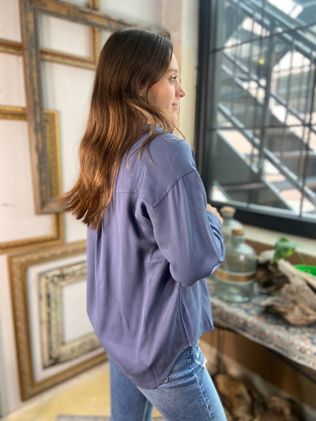 Quin Blue V Neck Long Sleeve Blouse