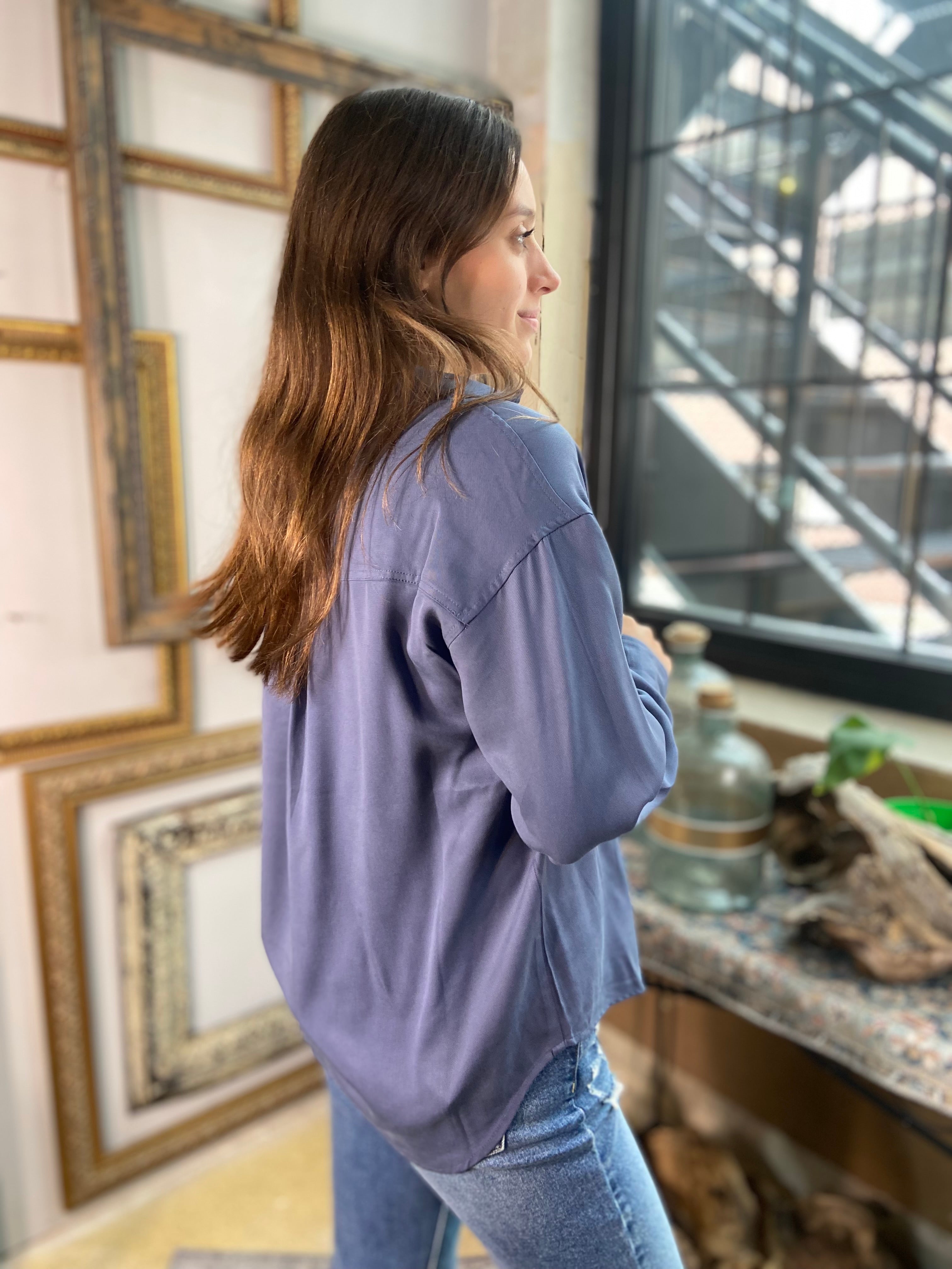 Quin Blue V Neck Long Sleeve Blouse