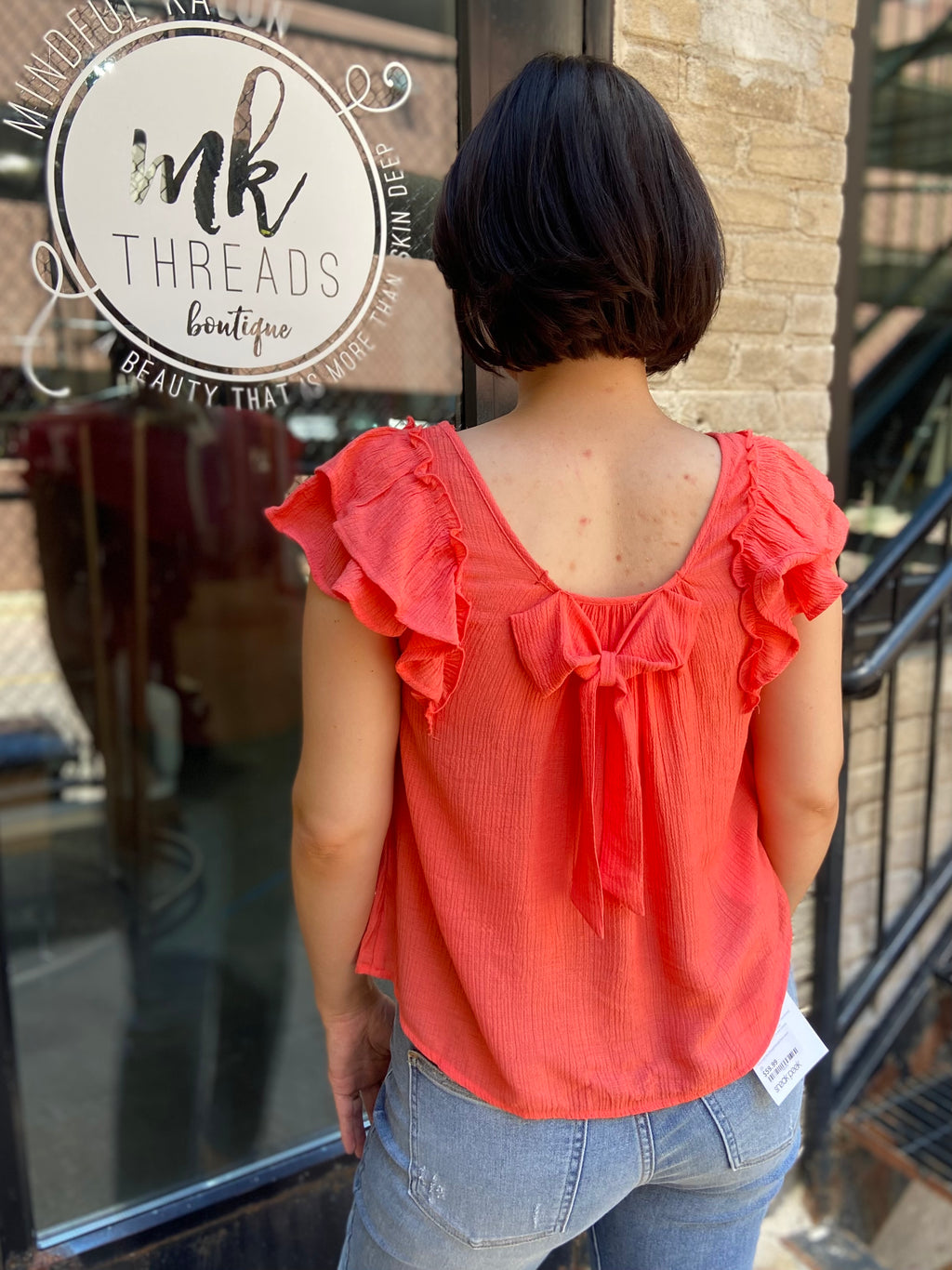 Tova Coral Ruffle Sleeve Bow Detail Top