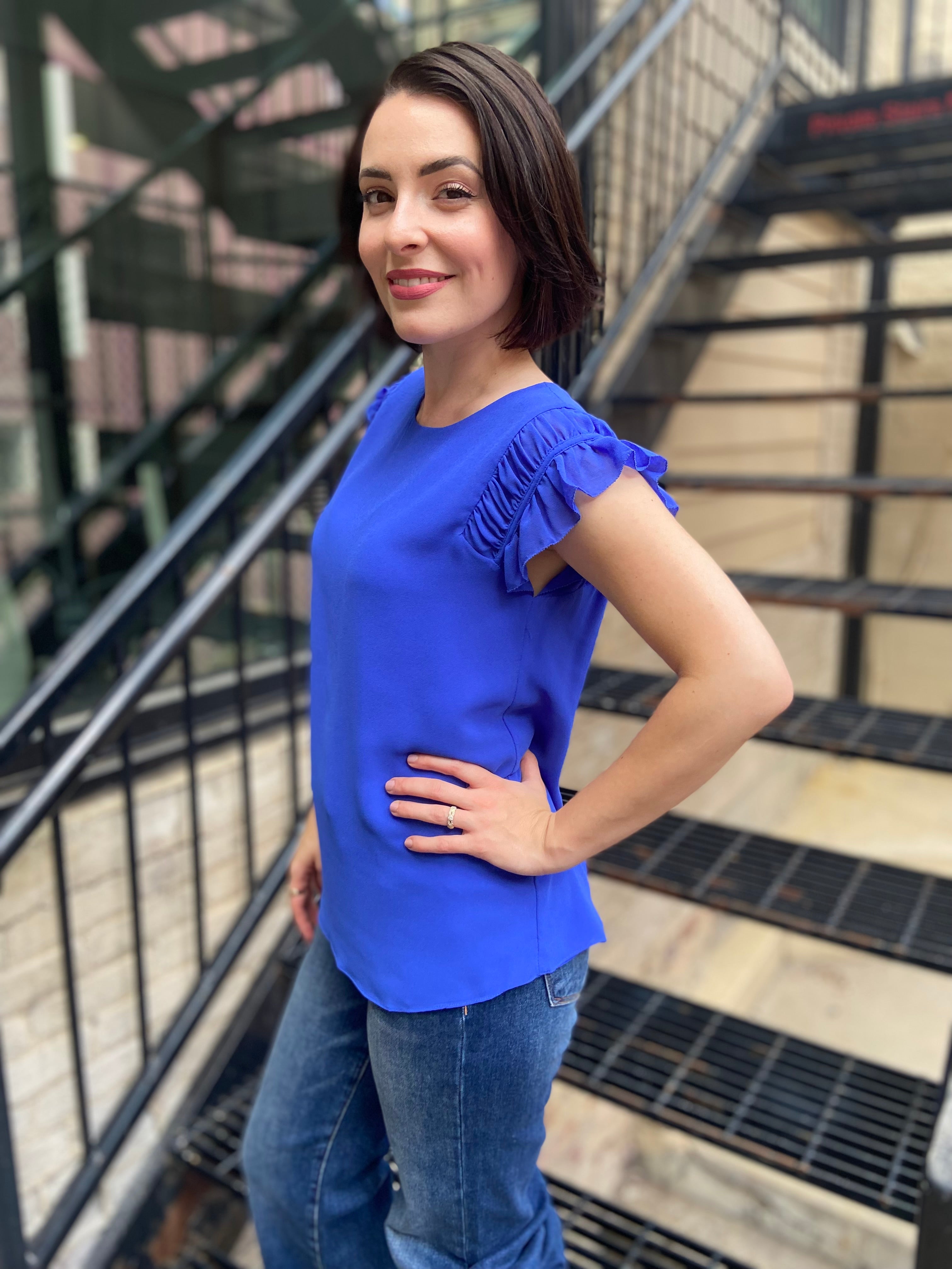 Miles Blue Ruffled Shoulder Cap Sleeve Top
