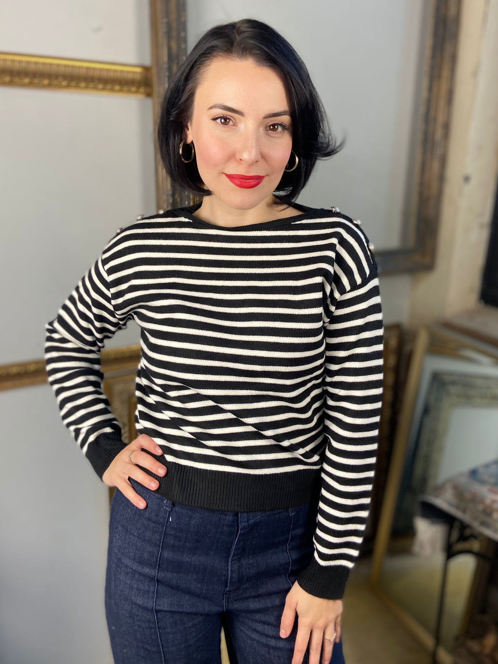 Alix Black & Cream Button Shoulder Striped Long Sleeve