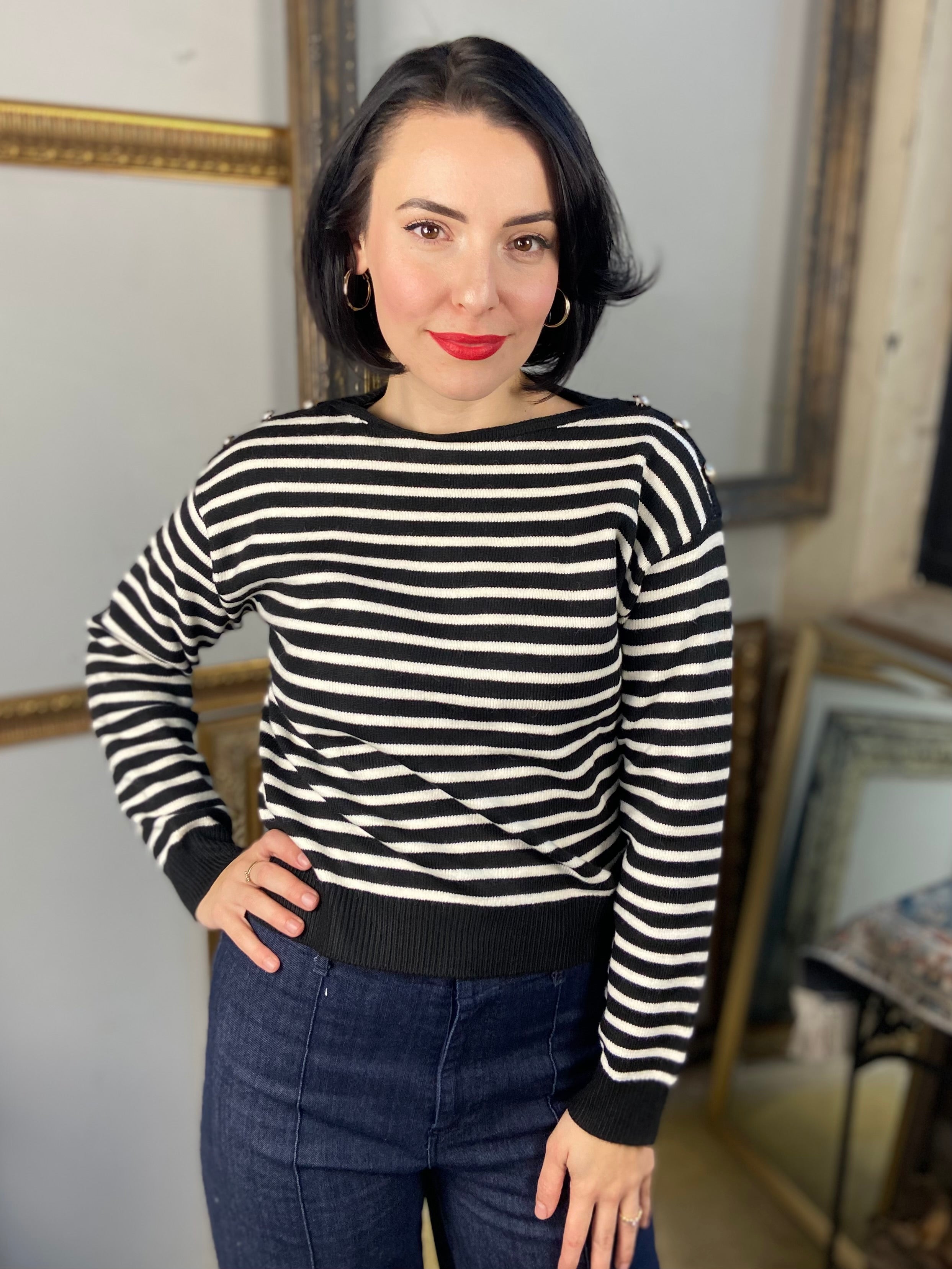 Alix Black & Cream Button Shoulder Striped Long Sleeve