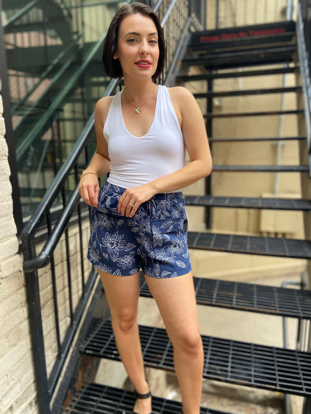 Casey Blue Bandana Drawstring Linen Shorts