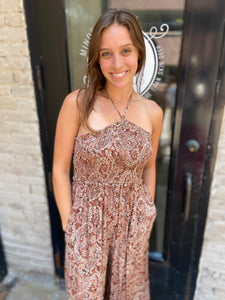 Aurora Rust Print Smocked Halter Wide Leg Jumpsuit