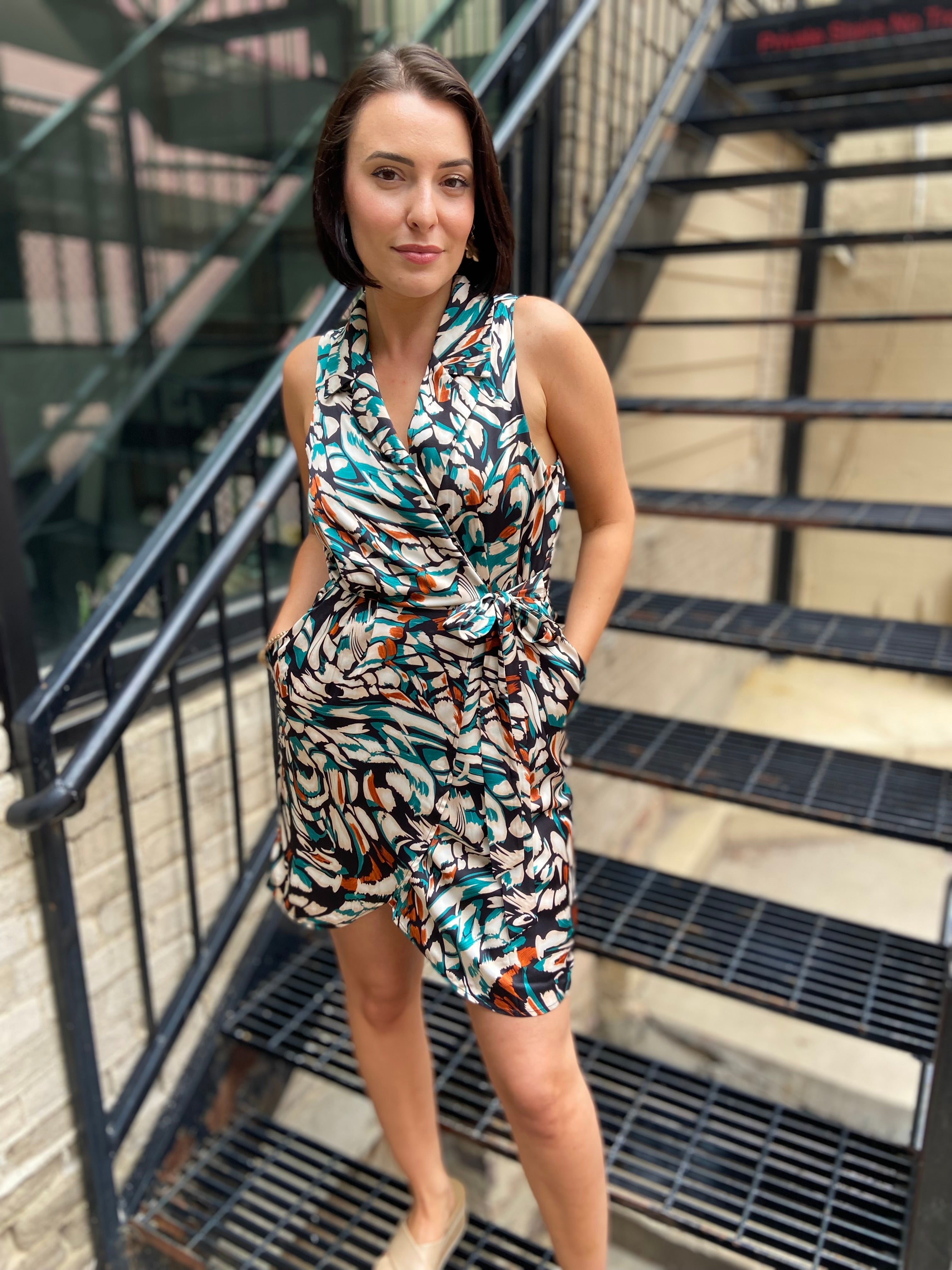 Penelope Teal Satin Floral Sleeveless Dress