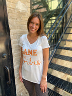 Game Day White And Orange V-Neck Graphic Top