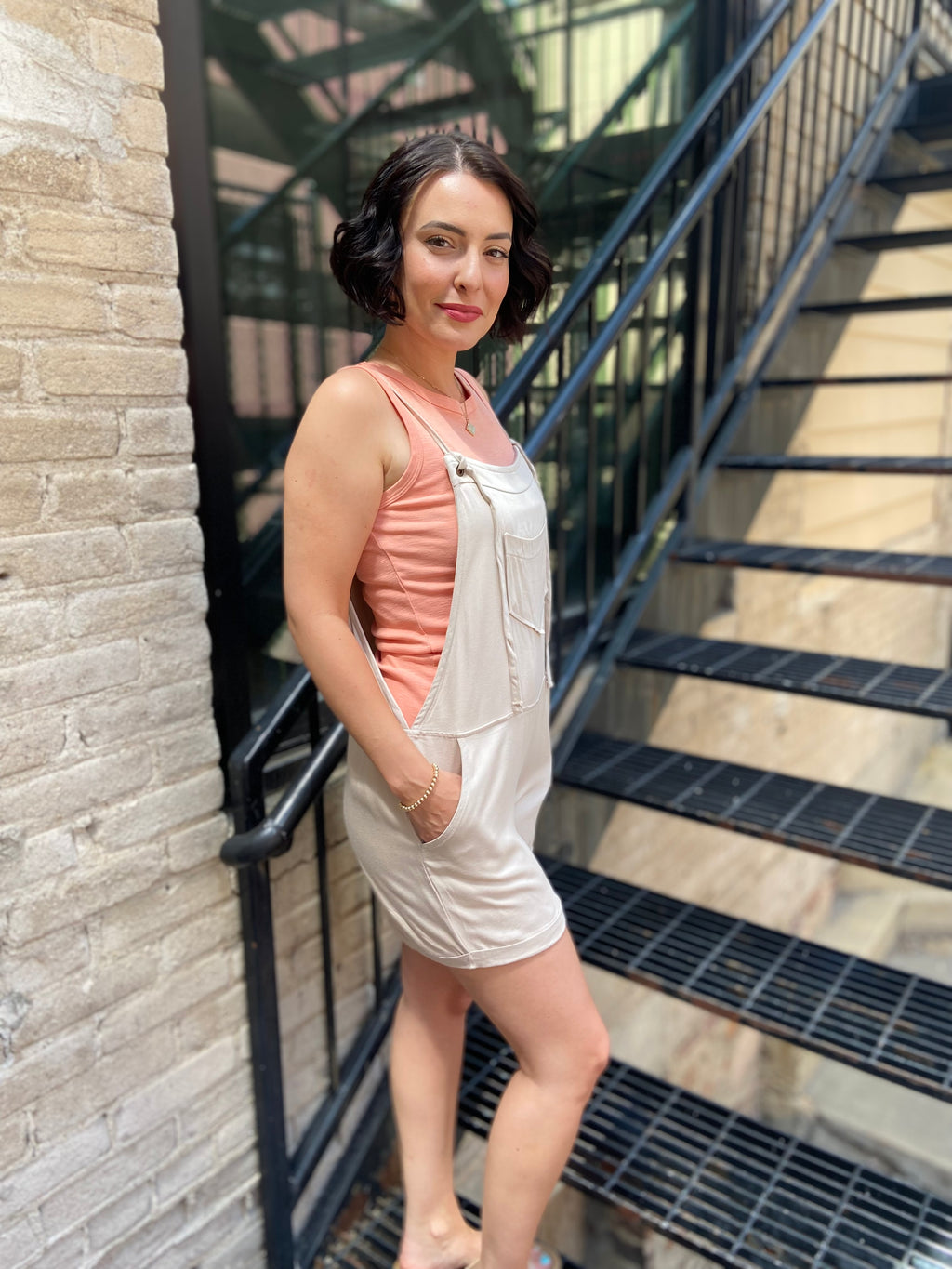 Kate Sand Beige Short Tie Romper
