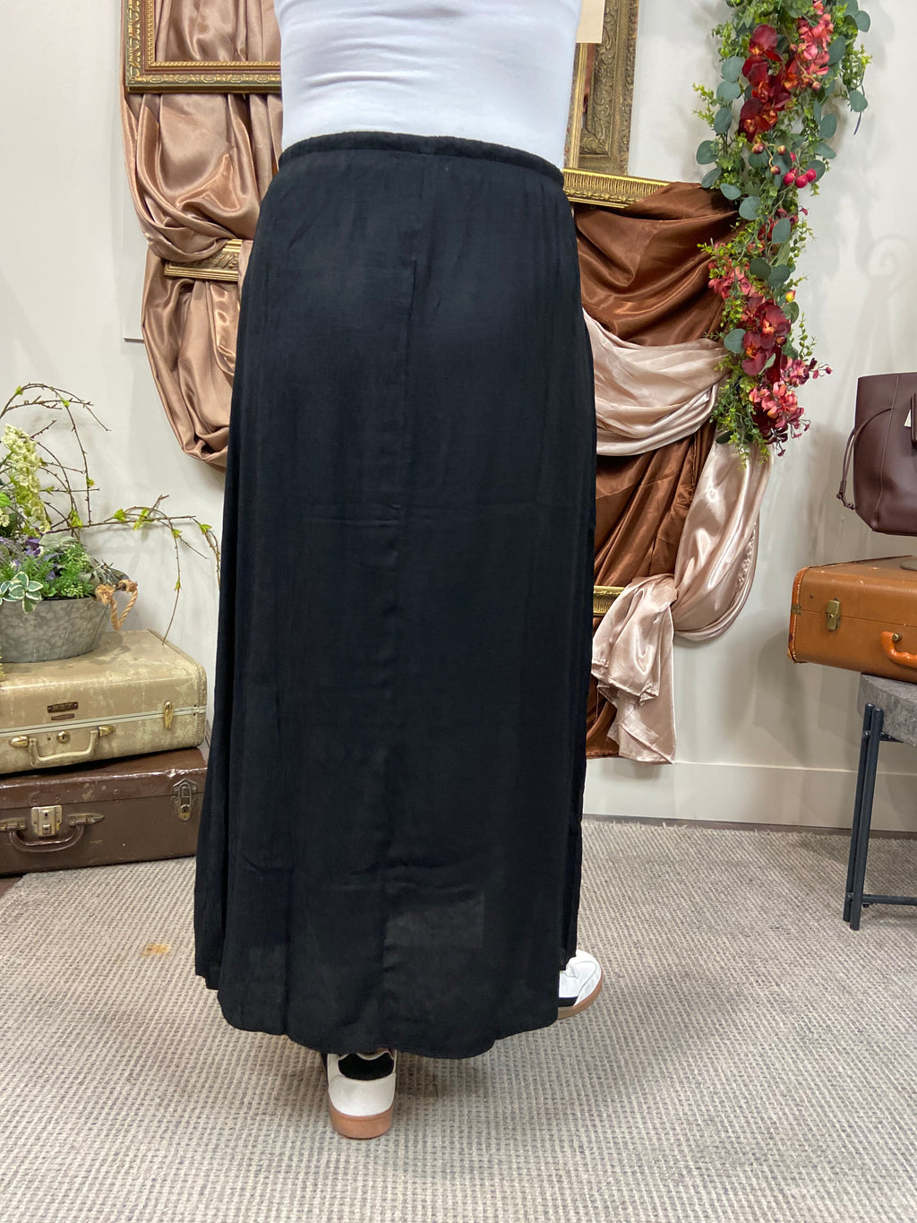 Yana Black Woven Midi Skirt