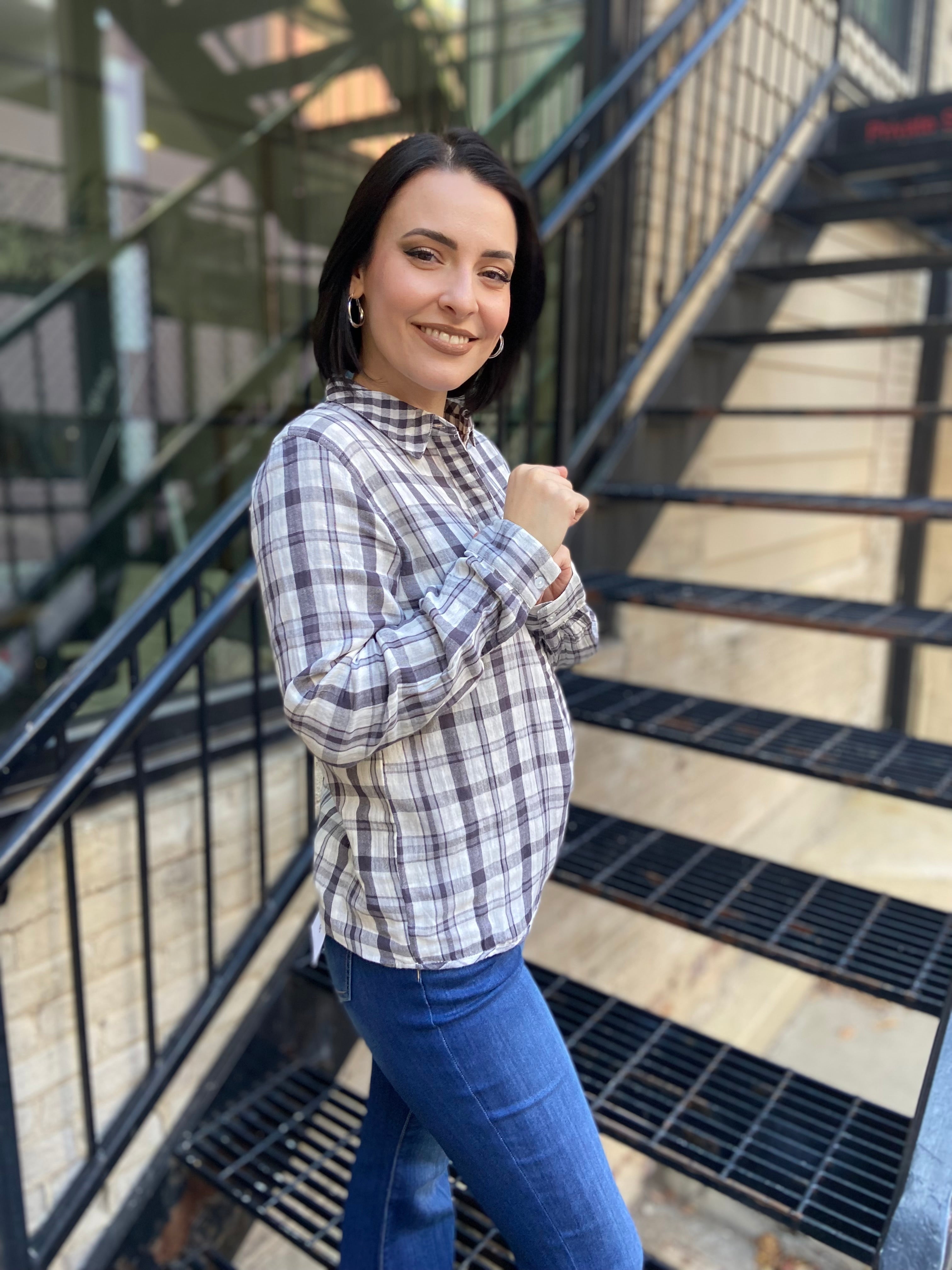 Megan Off White & Charcoal Asymmetric Flannel