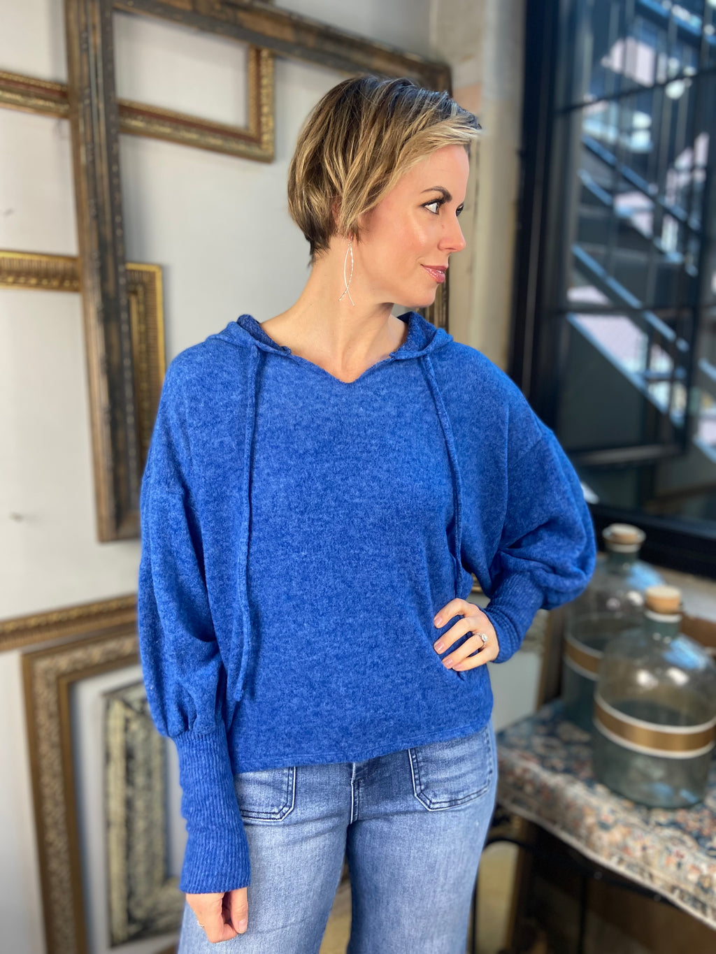 Taylor Light Navy Hacci Balloon Sleeve Hoodie