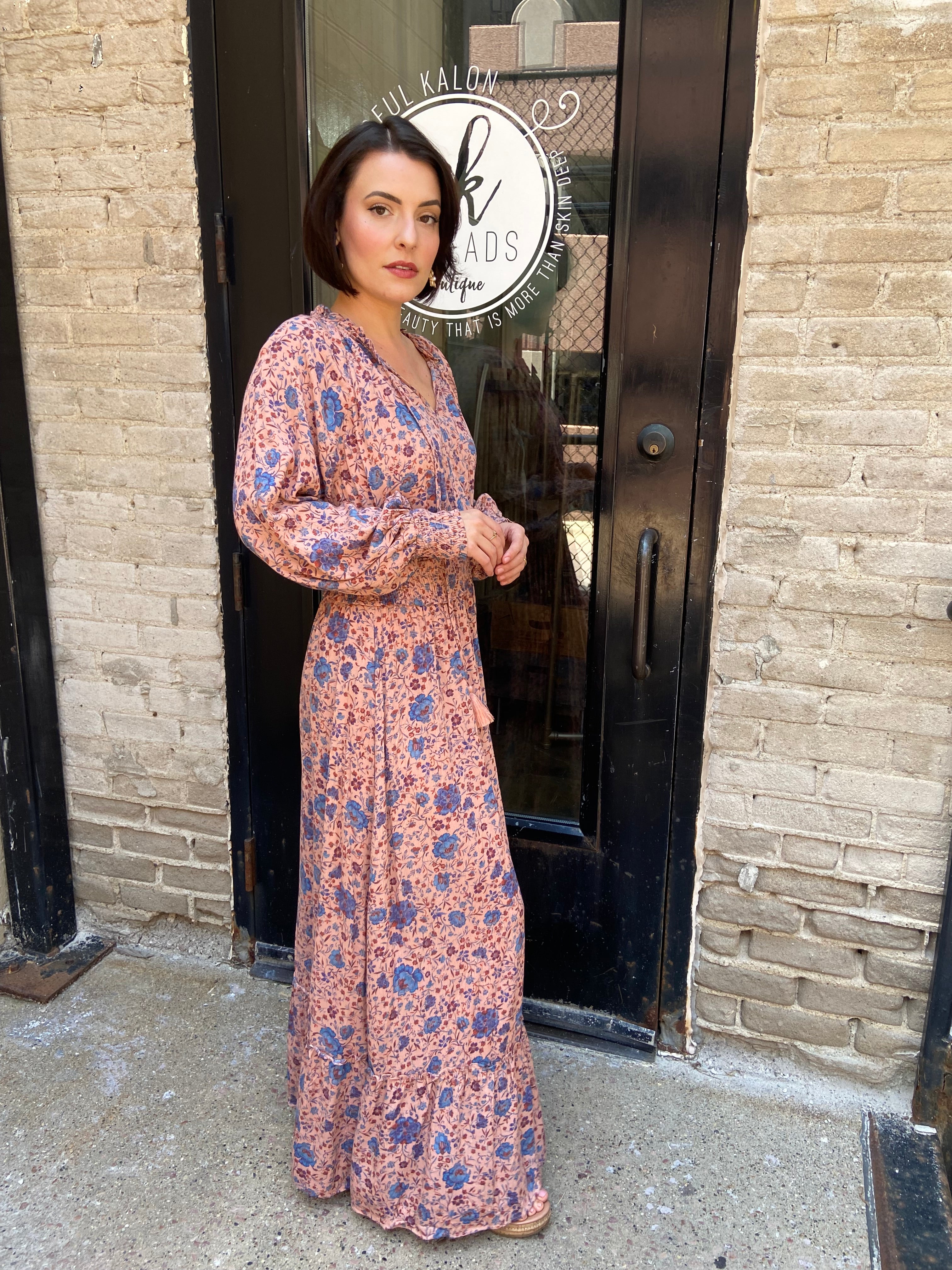 Florian Blue Clay Floral Print Neck Tie Maxi Dress