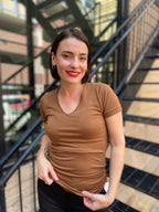Lena Cognac Seamless Layering V-Neck T Shirt