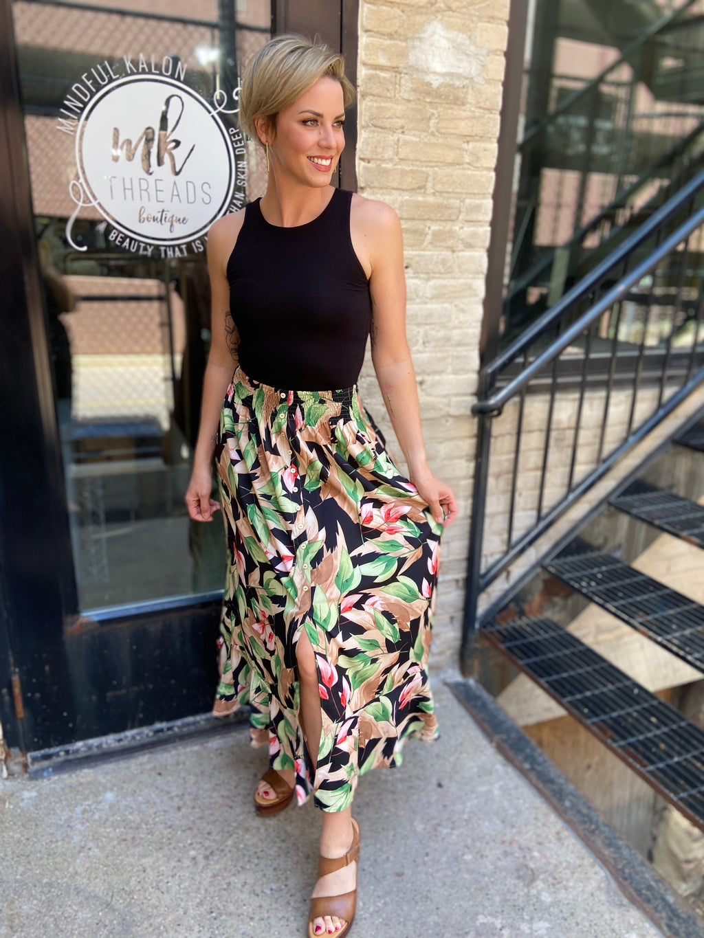 Natalia Black Tropical Pattern Midi Skirt