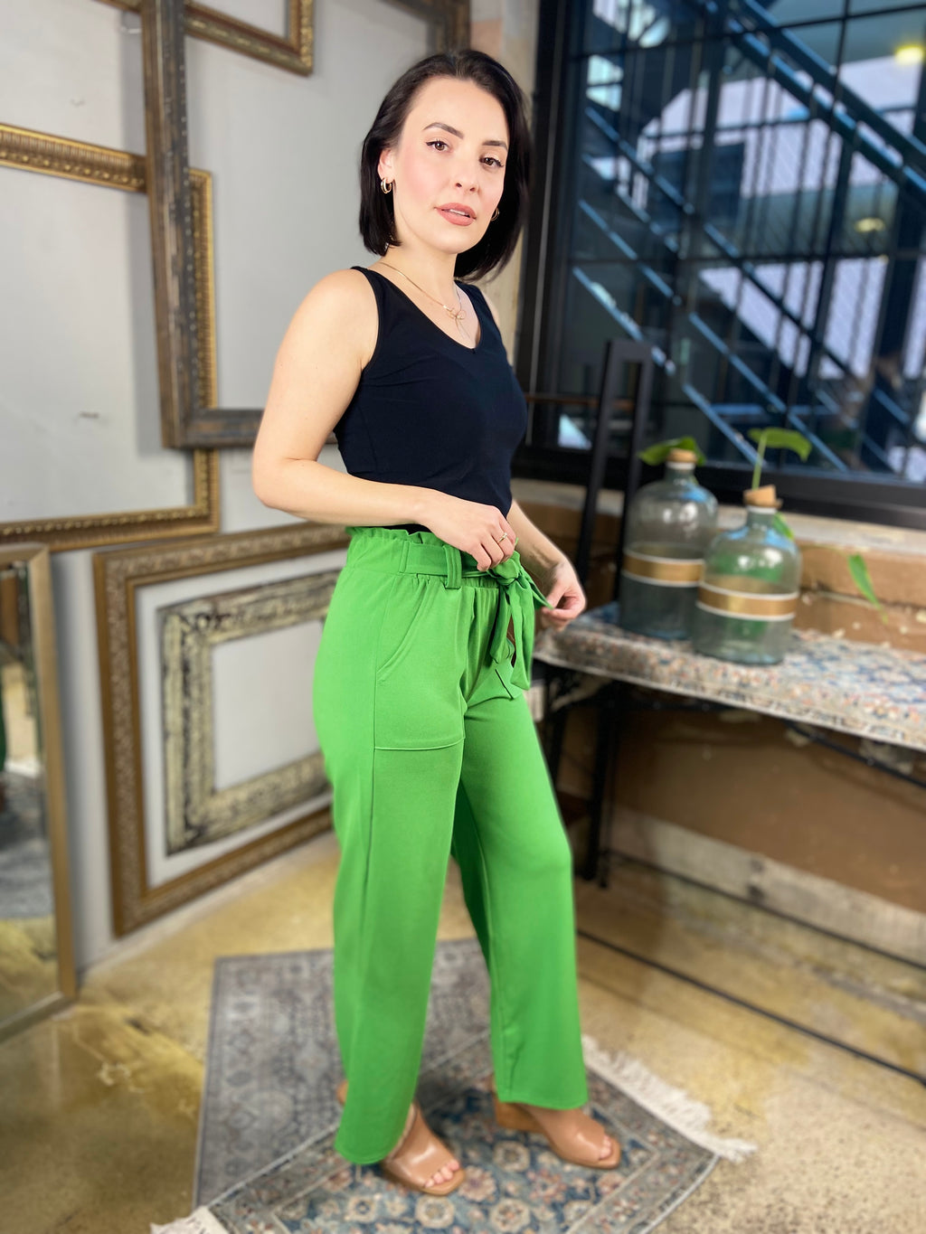 Sadie Green Knit Paperbag Tie Pants