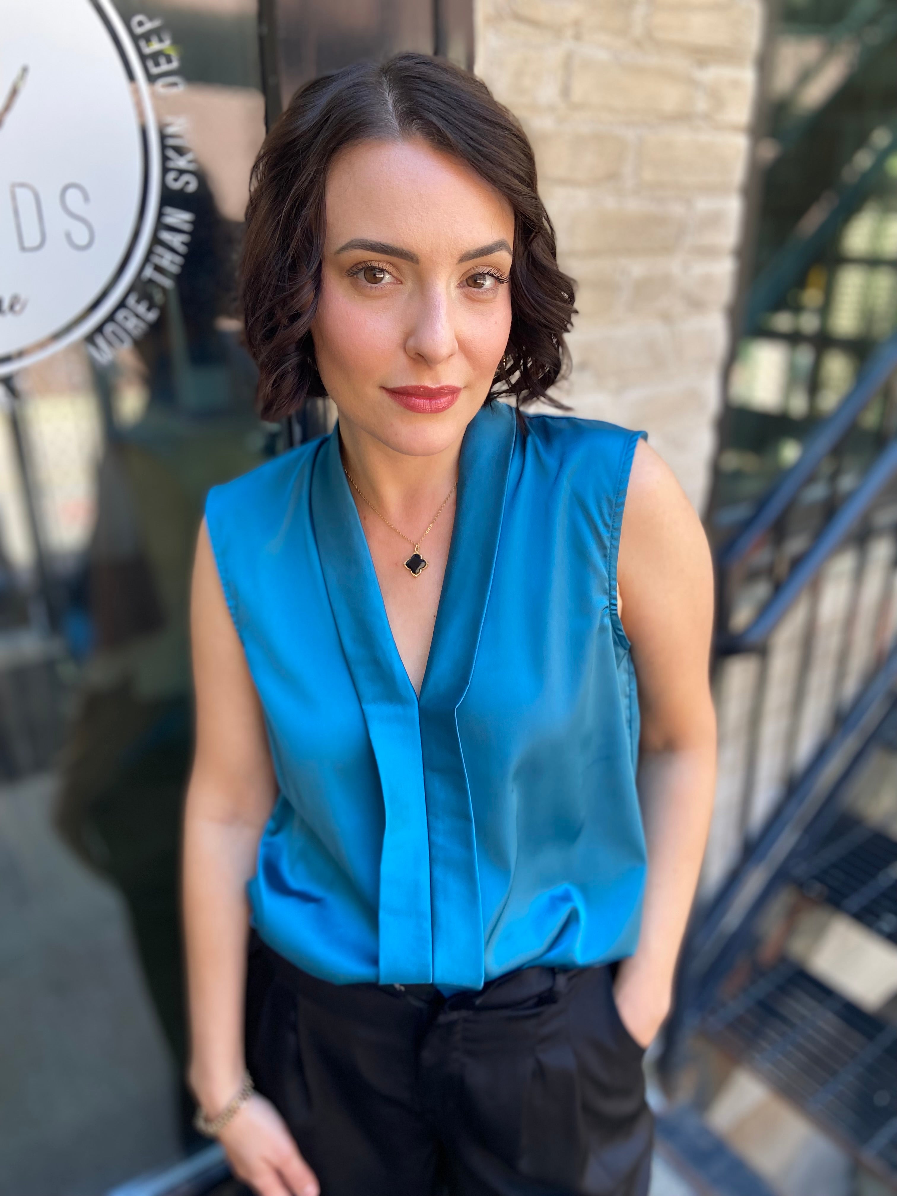 Abbey Teal Satin Collard Sleeveless Blouse