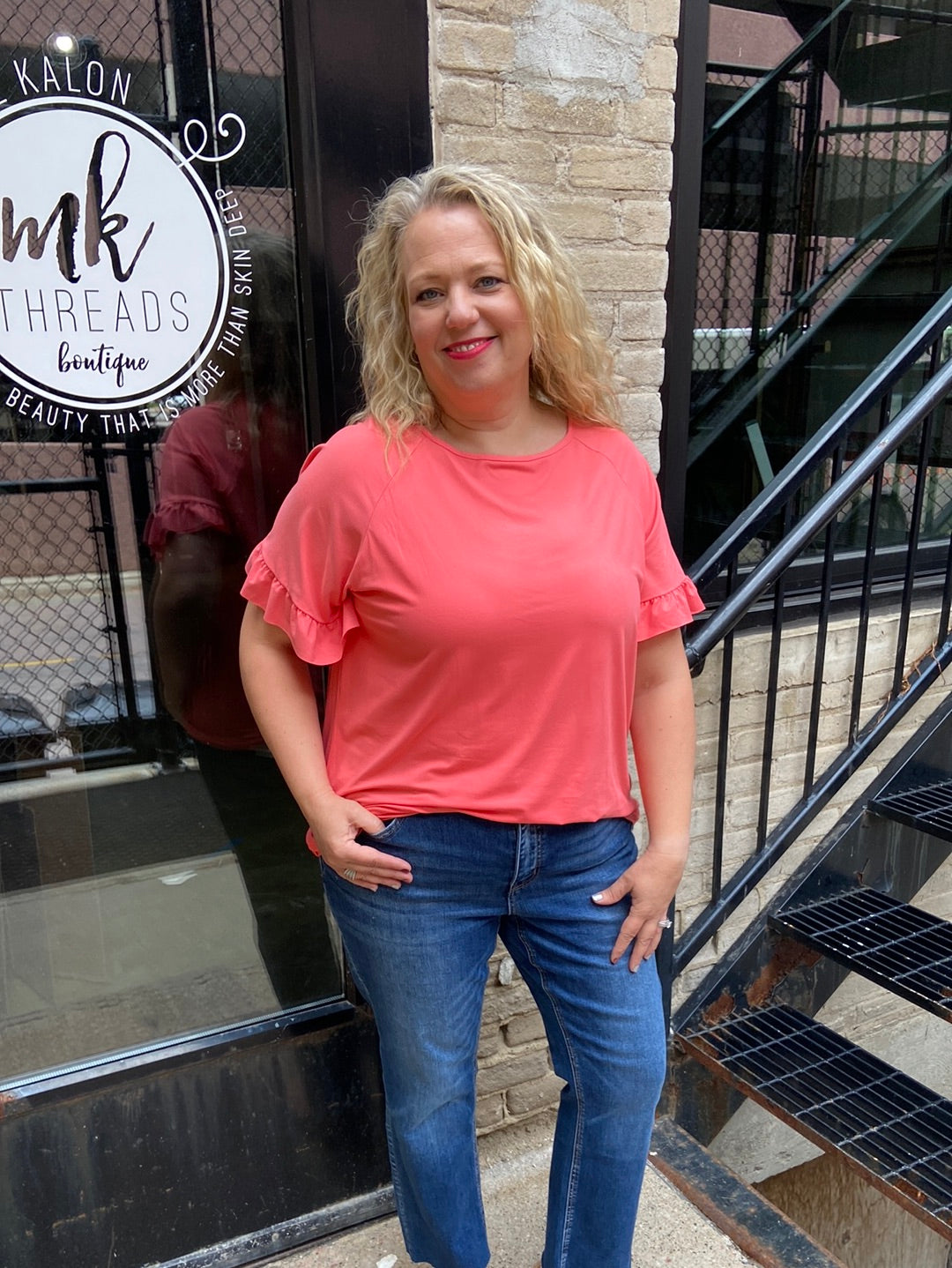Darcie Plus Size Coral Ruffle Sleeve Top