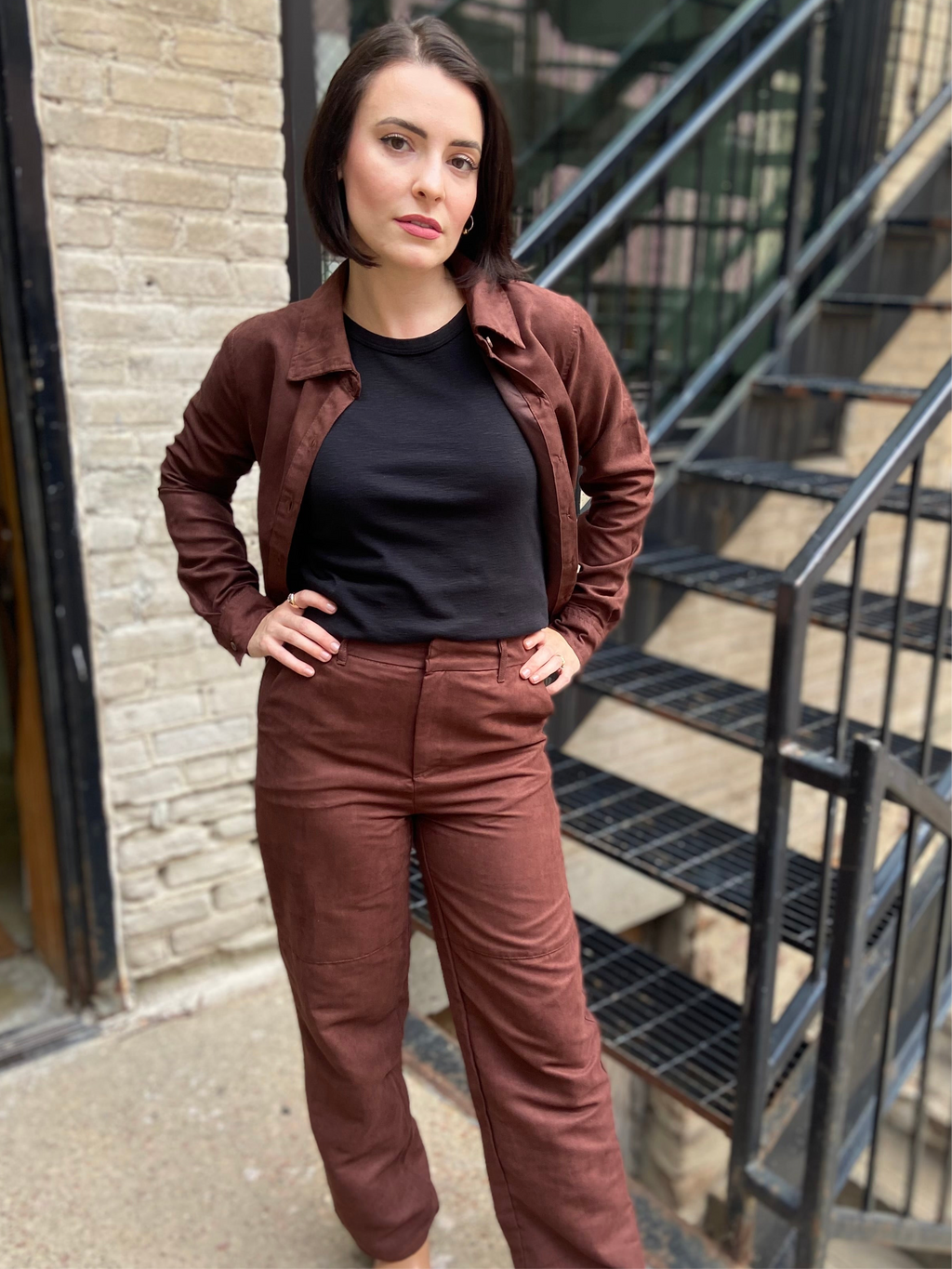 Eli dark Brown Suede Long Sleeve Button Up Top