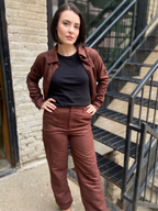 Eli dark Brown Suede Long Sleeve Button Up Top