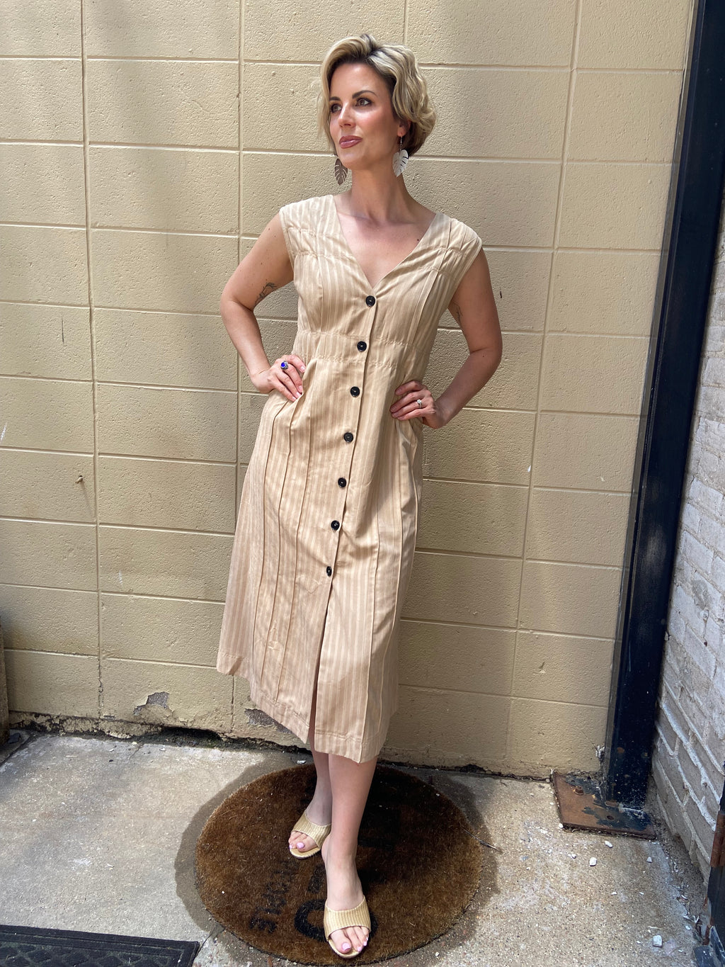 Theo Beige V Neck Striped Midi Dress - MK Threads Boutique