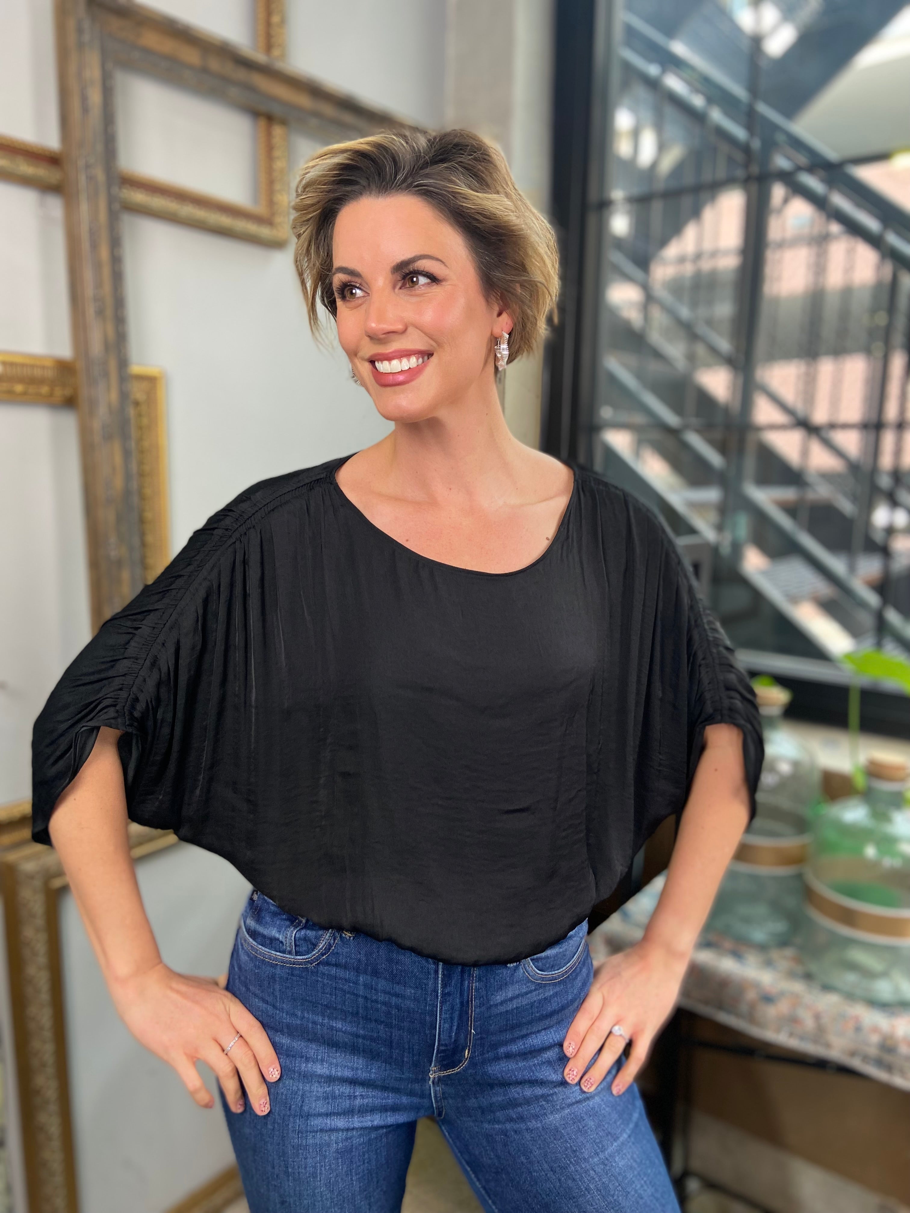 Reese Black Elastic Waist Blouse - MK Threads Boutique