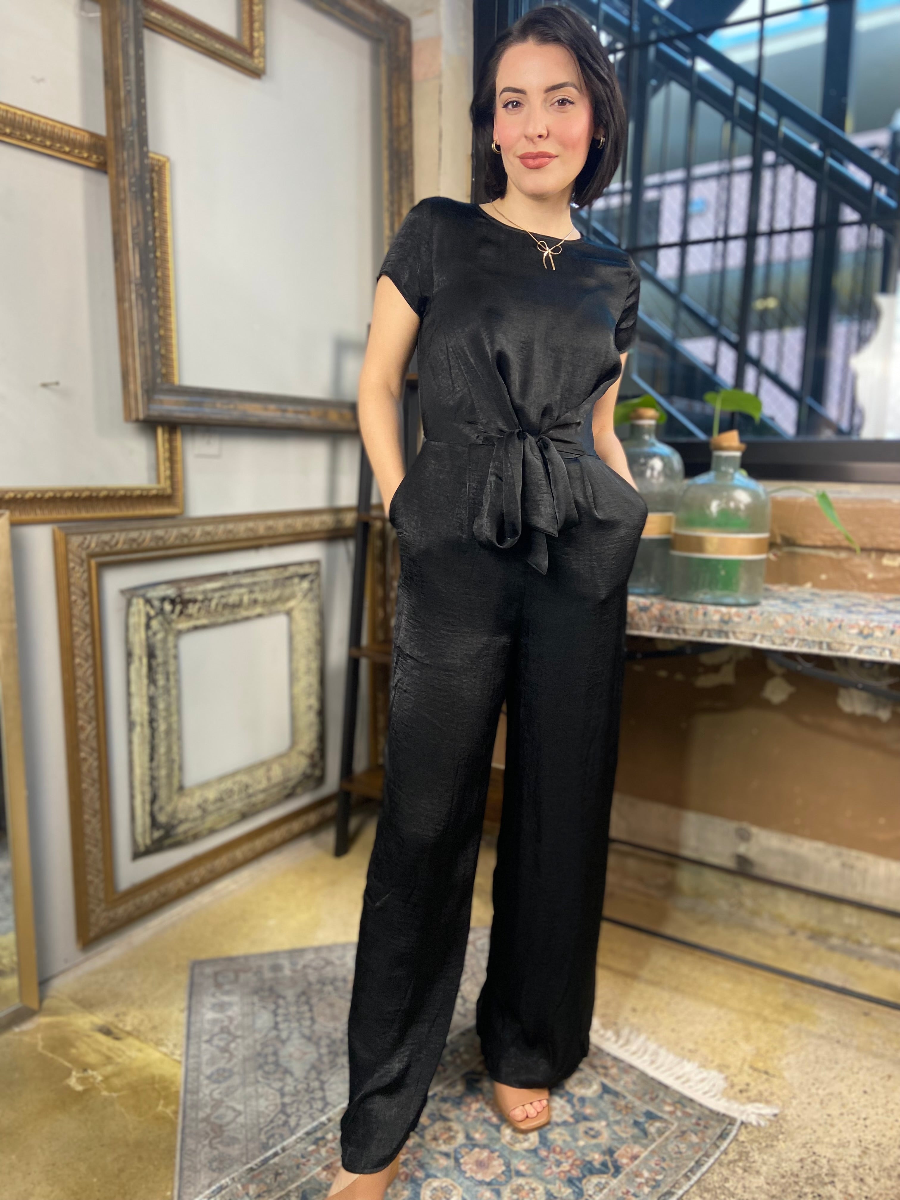 Amber Black Short Sleeve Front Tie Romper