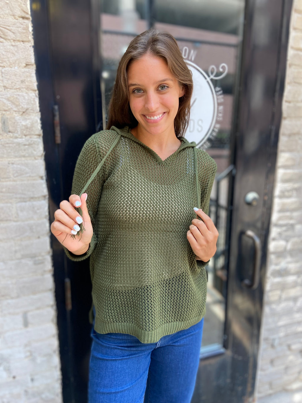Bianca Olive Crochet Hoodie Sweater Top