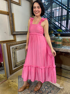 Mila Pink Sleeveless Ruffle Detail Midi Dress