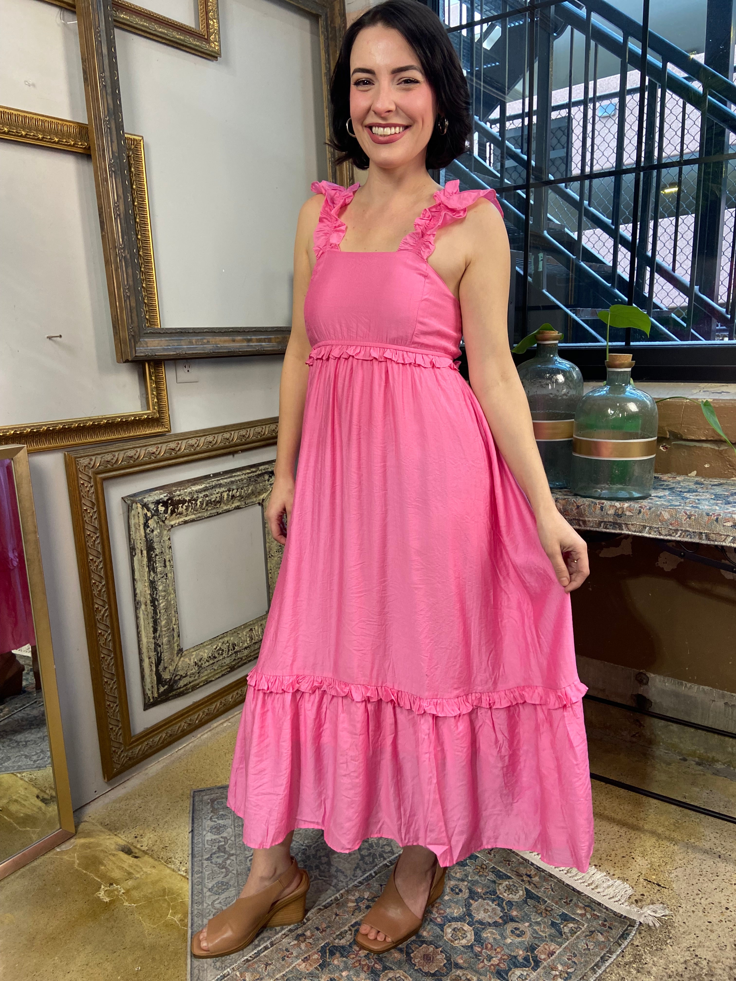 Mila Pink Sleeveless Ruffle Detail Midi Dress