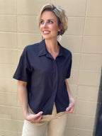 Ani Black Short Sleeve Linen Risen Button Up - MK Threads Boutique