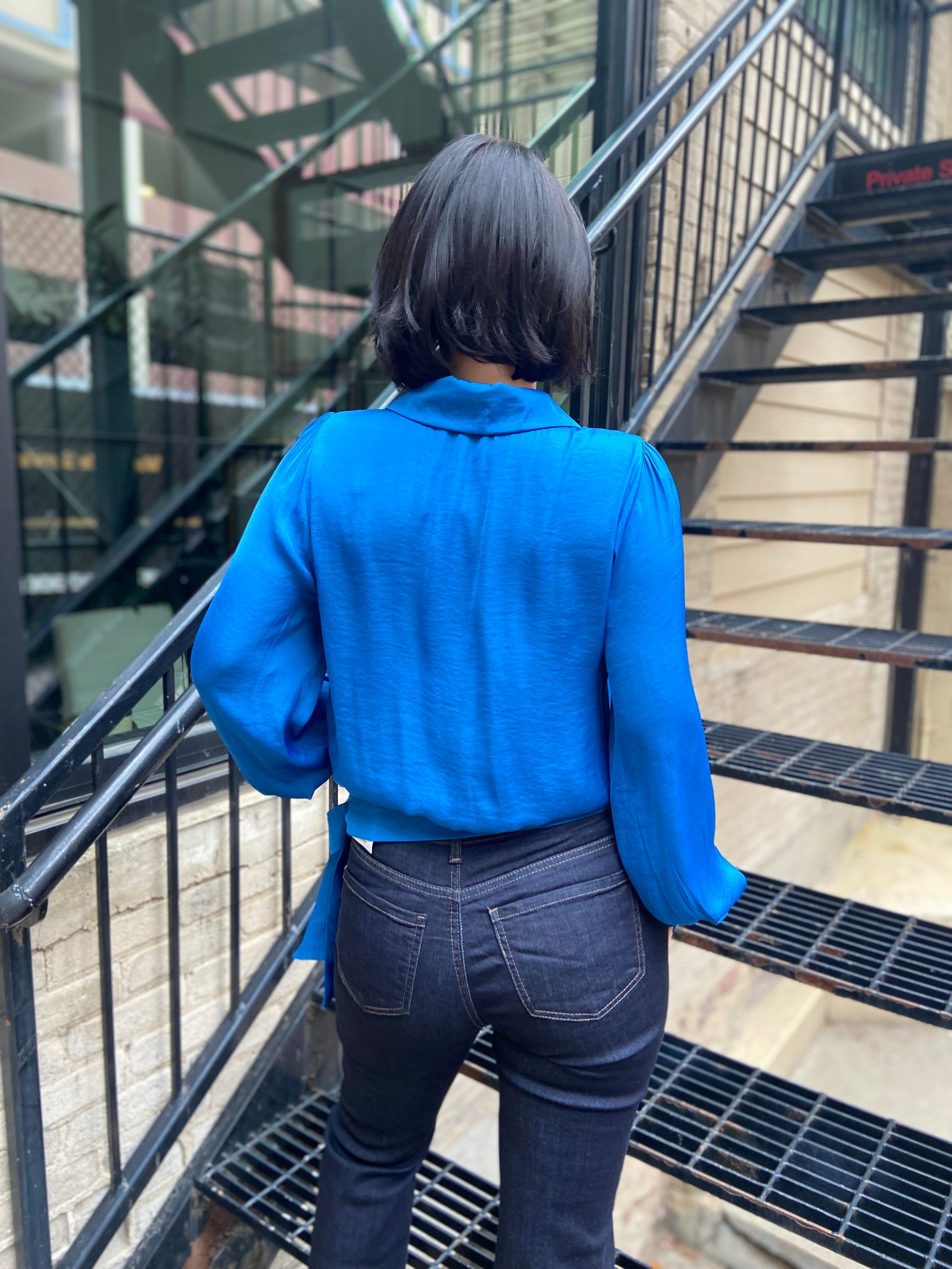 Brooke Blue Tie Long Balloon Sleeve Blouse