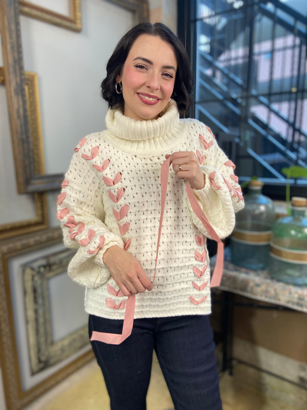 Wren White & Pink Ribbon Knit Sweater - MK Threads Boutique
