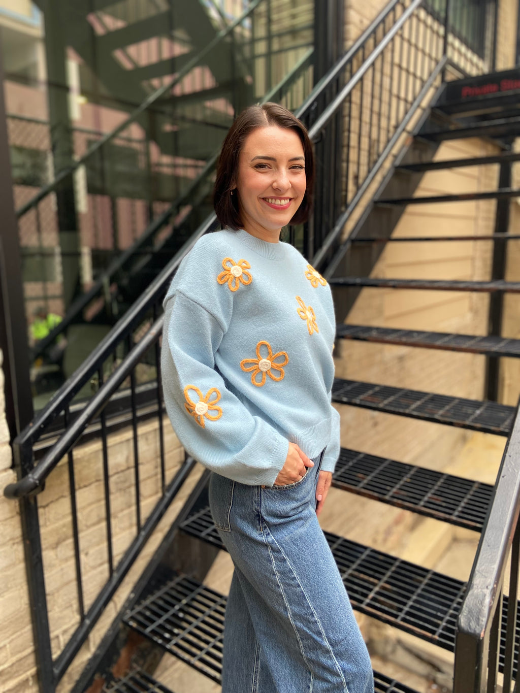 Monty Blue & Orange Flower Knit Sweater