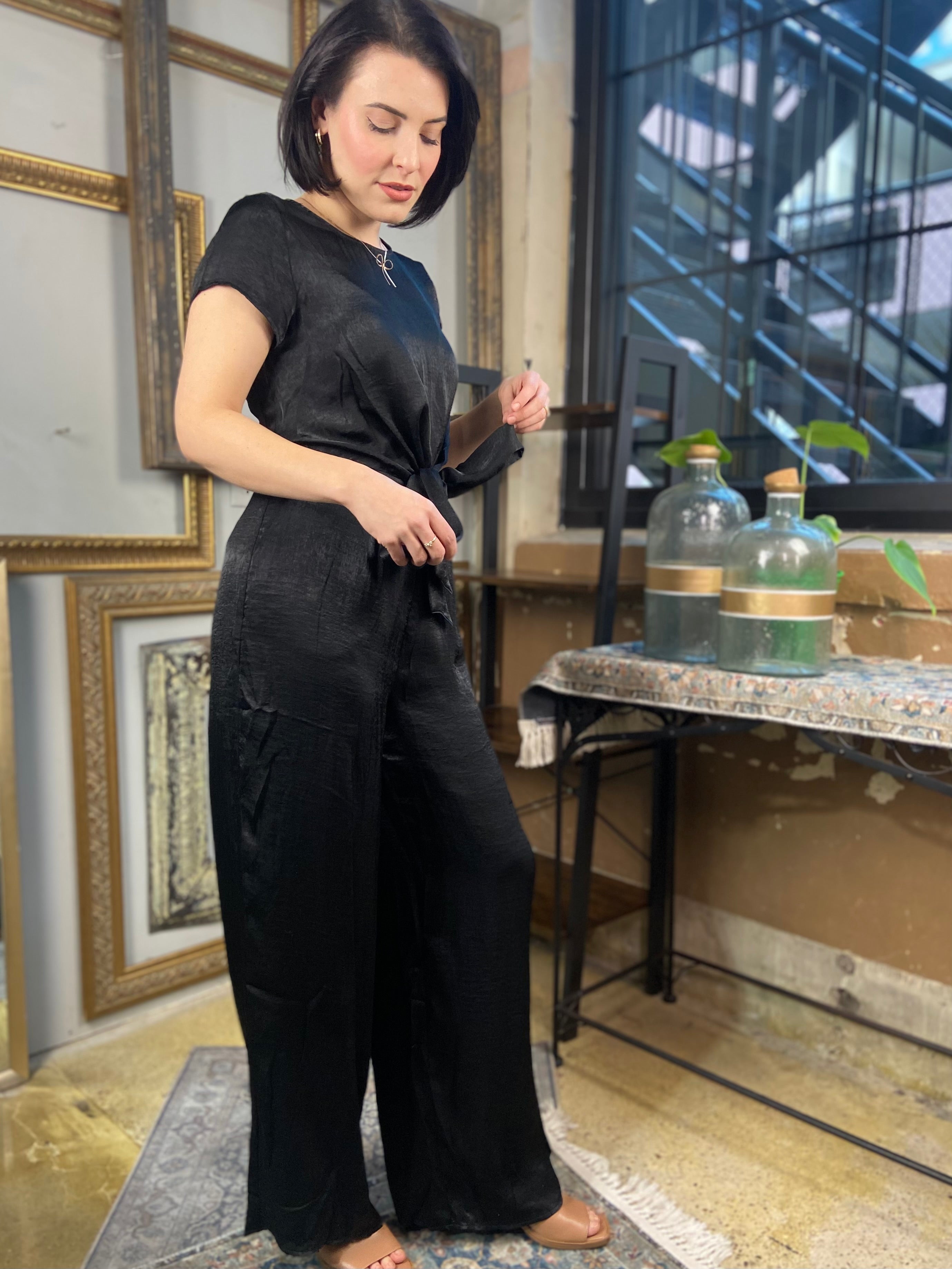 Amber Black Short Sleeve Front Tie Romper