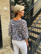 Allison Cream and Navy Floral Quarter Sleeve Blouse