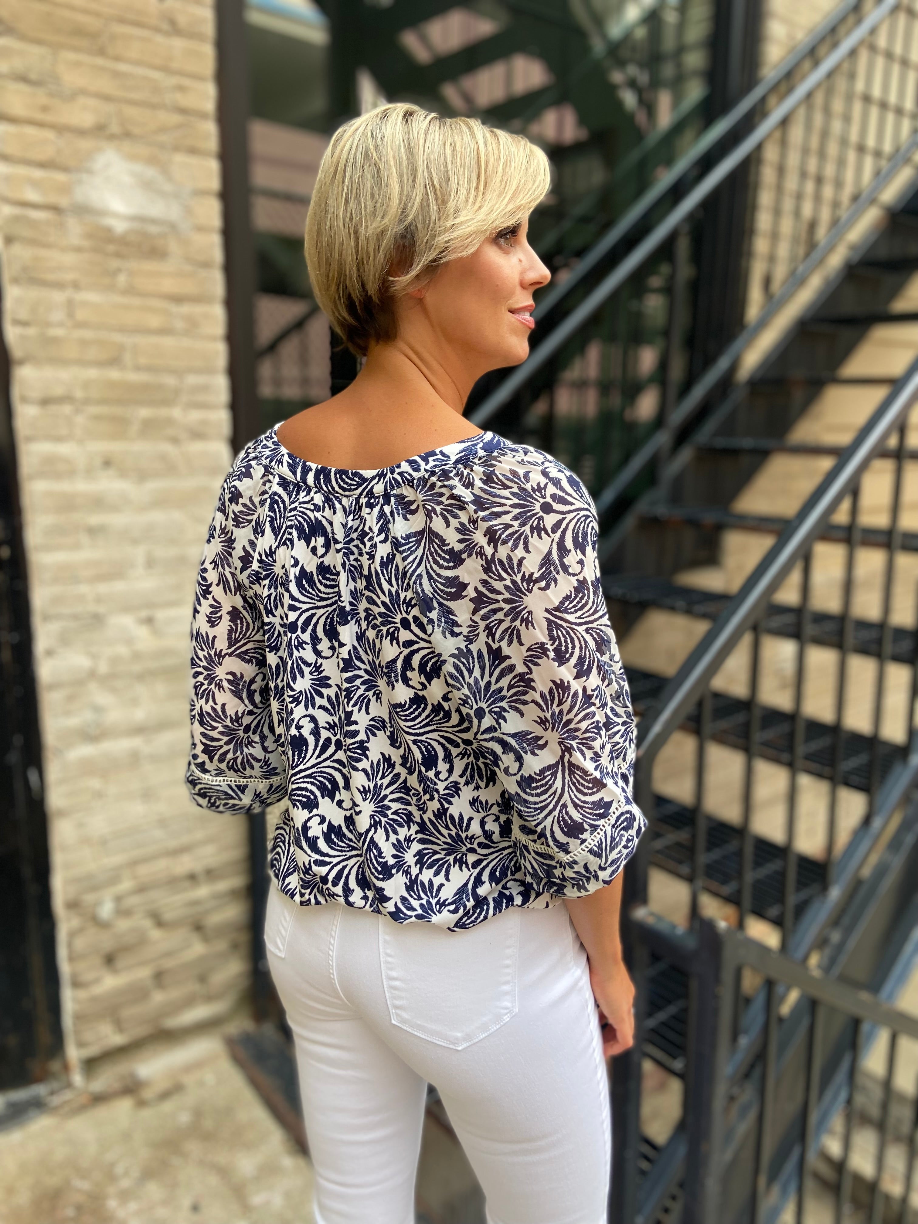 Allison Cream and Navy Floral Quarter Sleeve Blouse