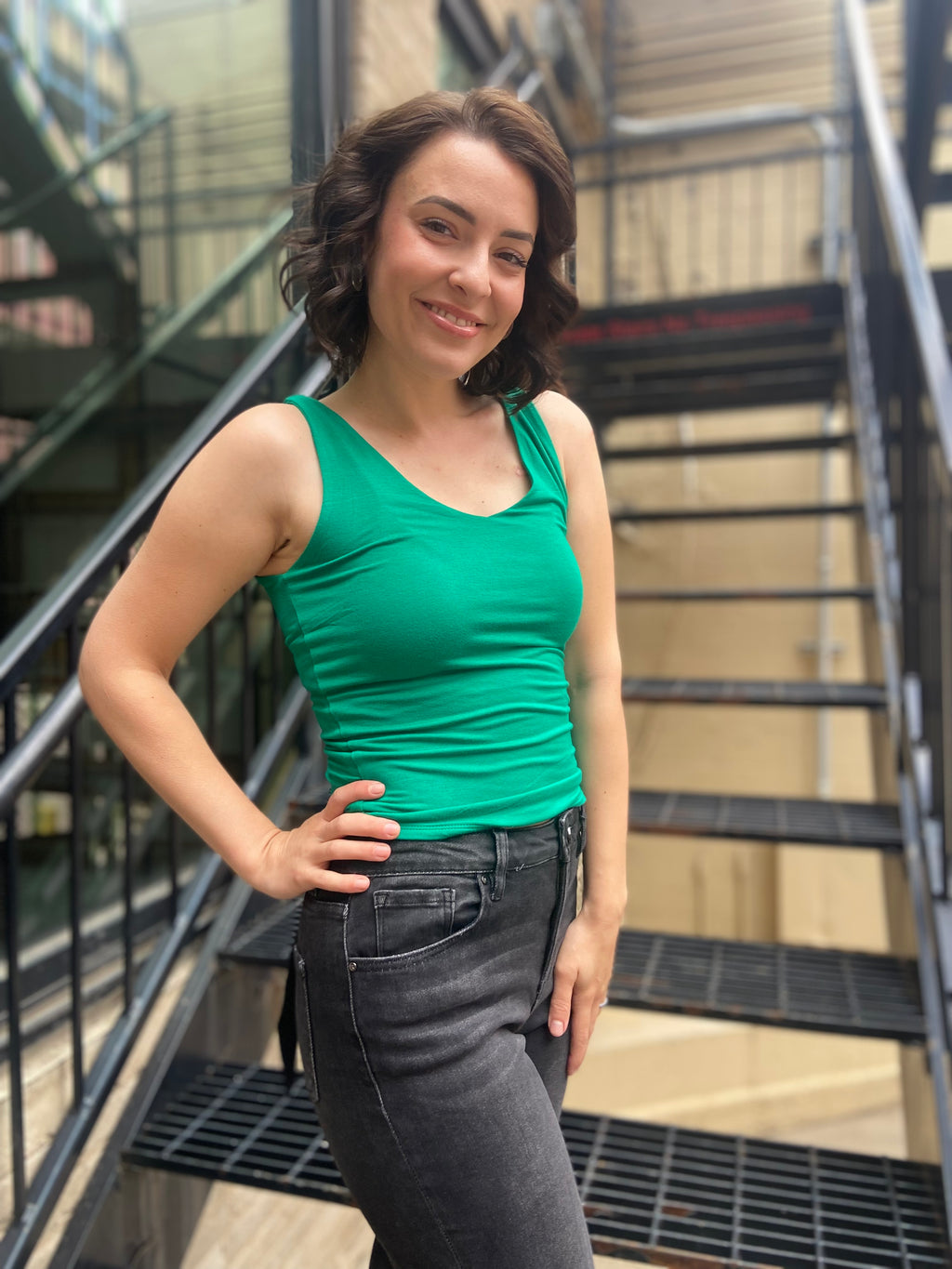 Rula Green Double Line V Neck Tank Top - MK Threads Boutique