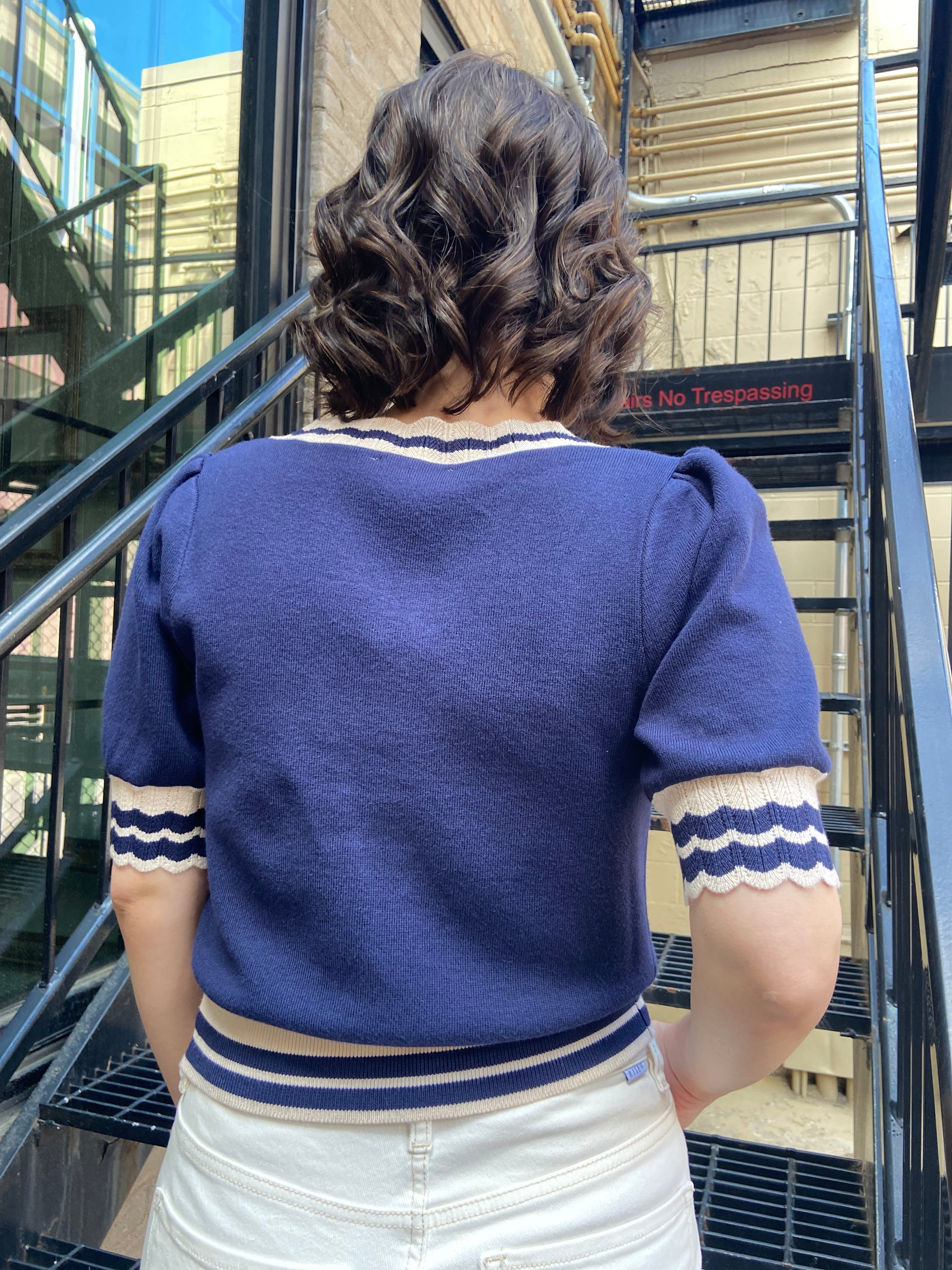 Jane Navy Blue White Trim Sweater Top - MK Threads Boutique