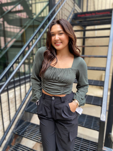 Brycen Pine Green Shirred Cropped Top