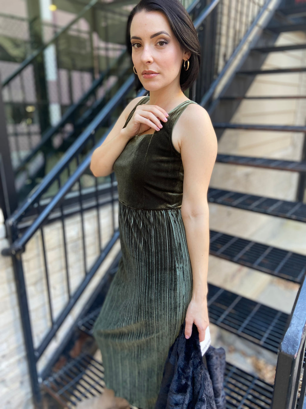 Tiana Olive Velvet Pleated Maxi Dress
