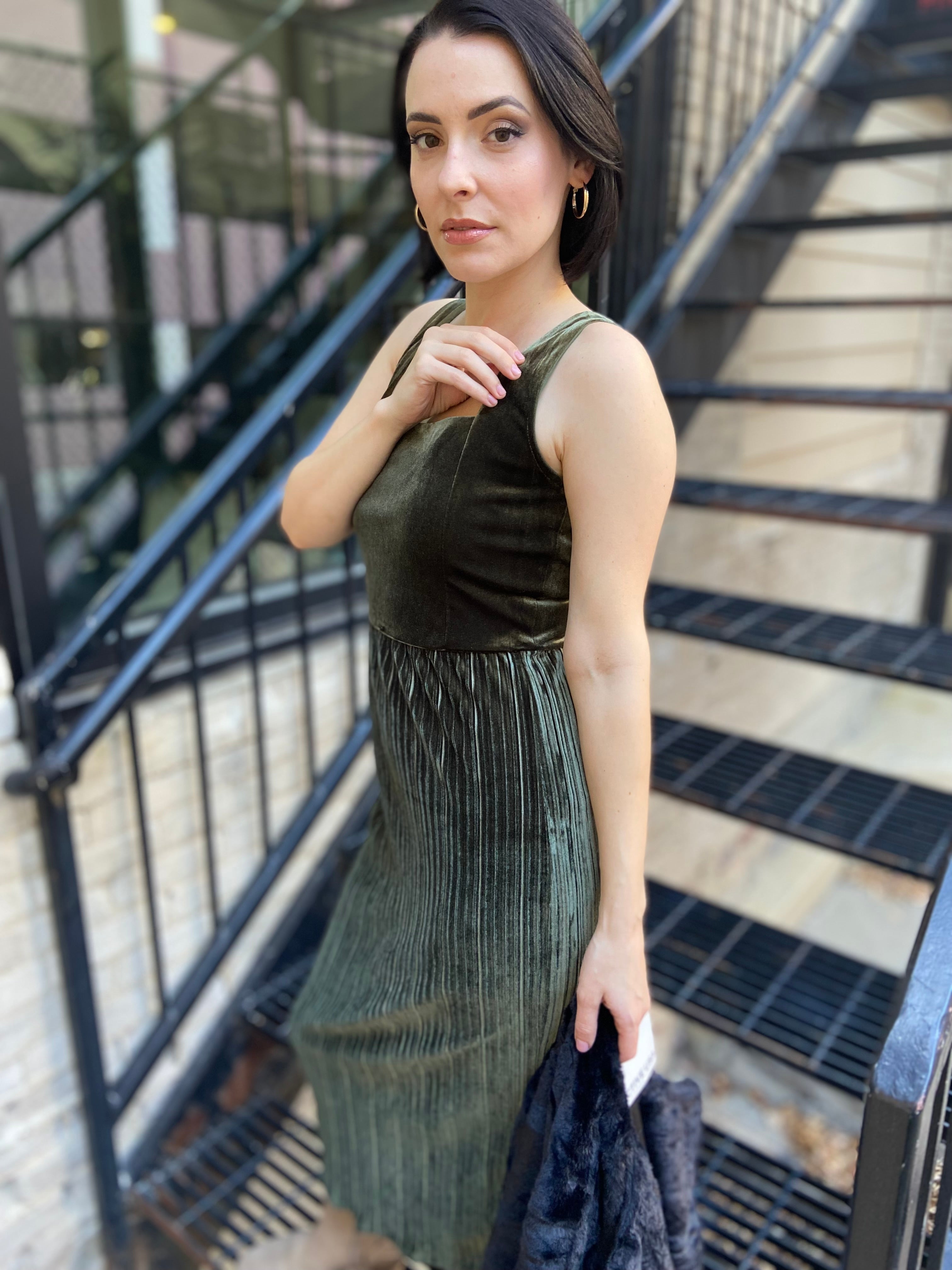 Tiana Olive Velvet Pleated Maxi Dress