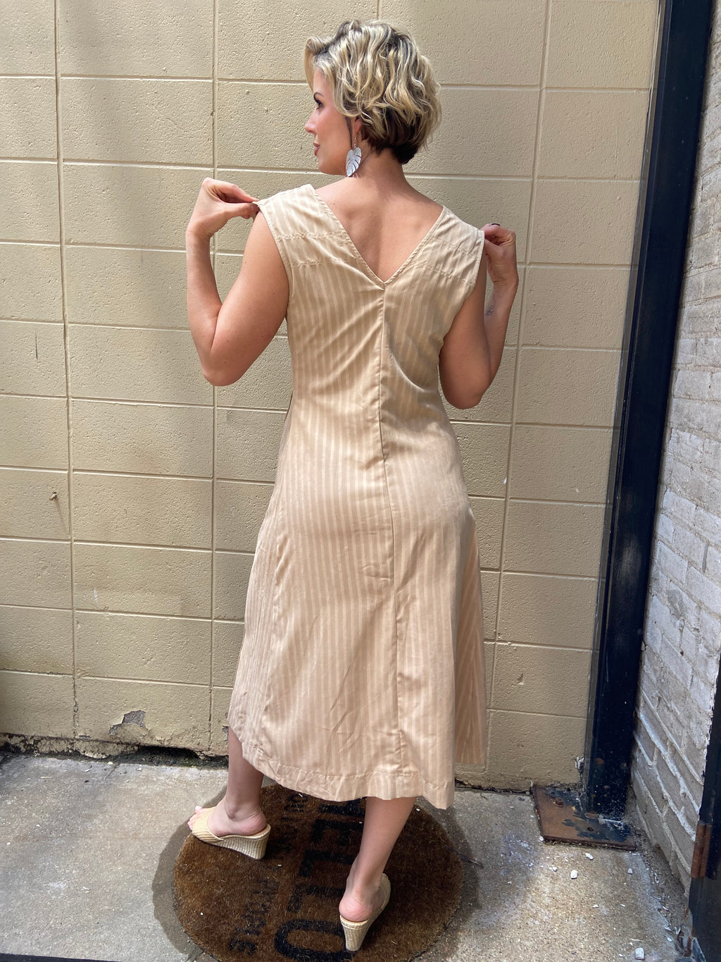 Theo Beige V Neck Striped Midi Dress - MK Threads Boutique