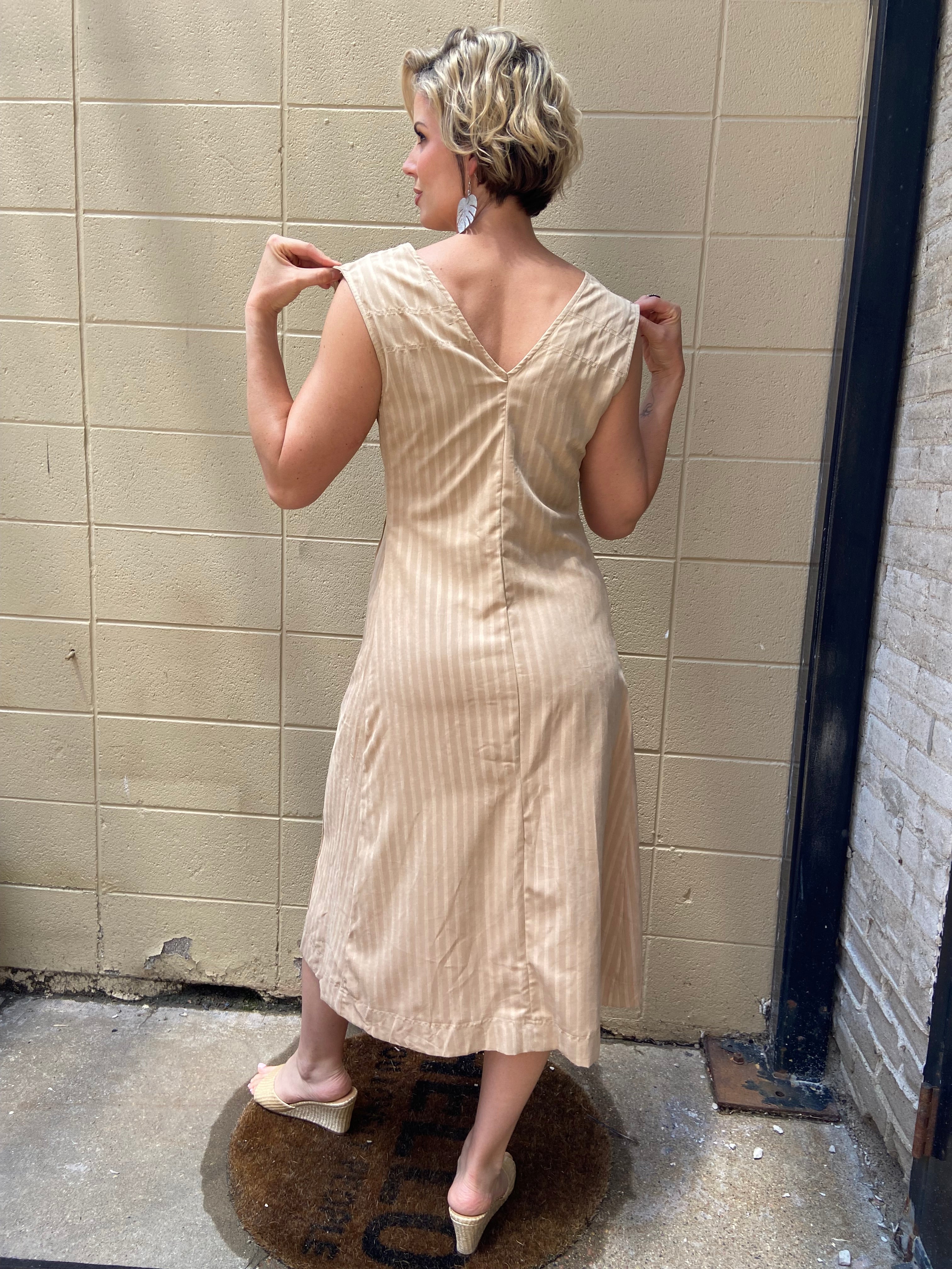 Theo Beige V Neck Striped Midi Dress - MK Threads Boutique