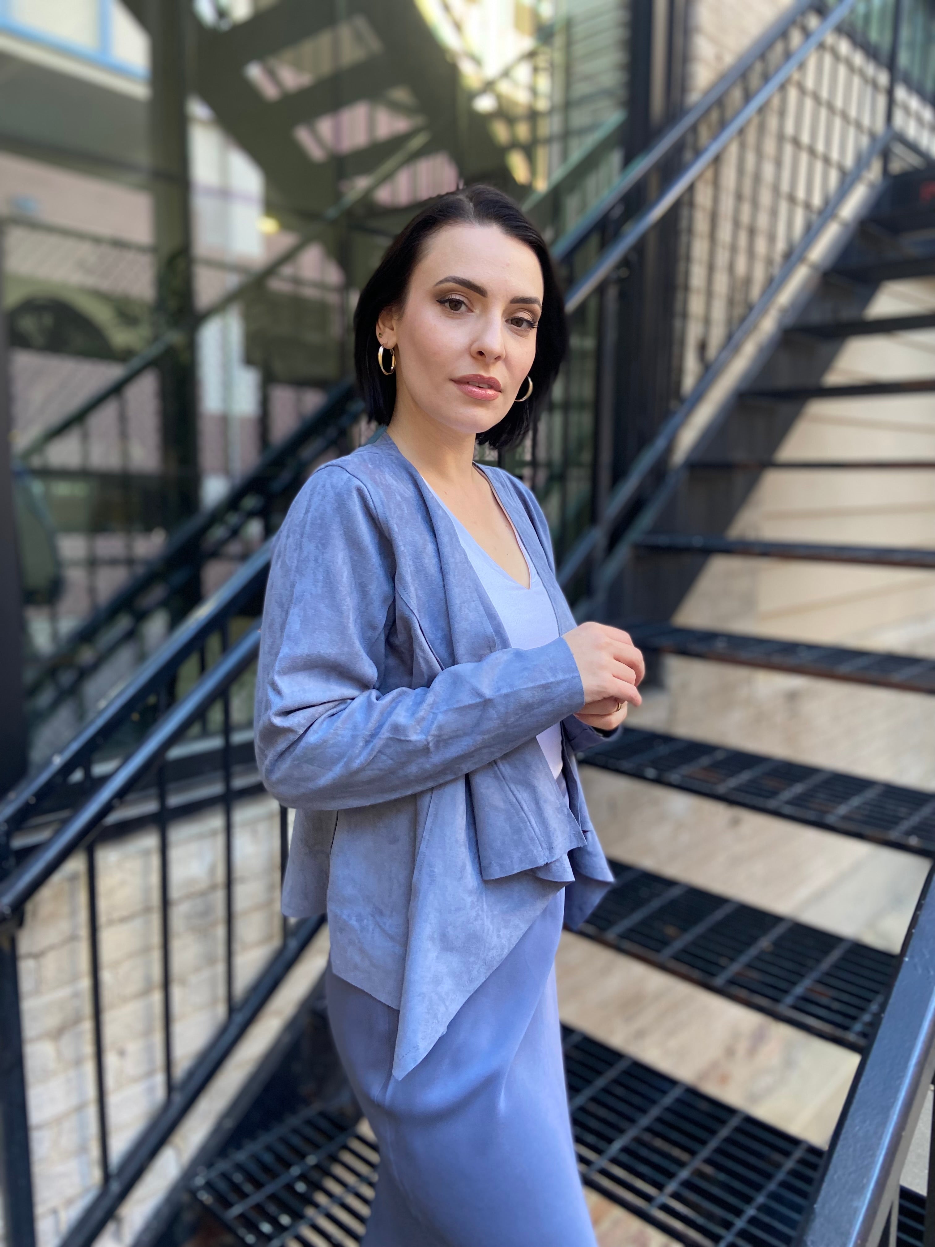 Azalia Light Blue Suede Open Crop Jacket