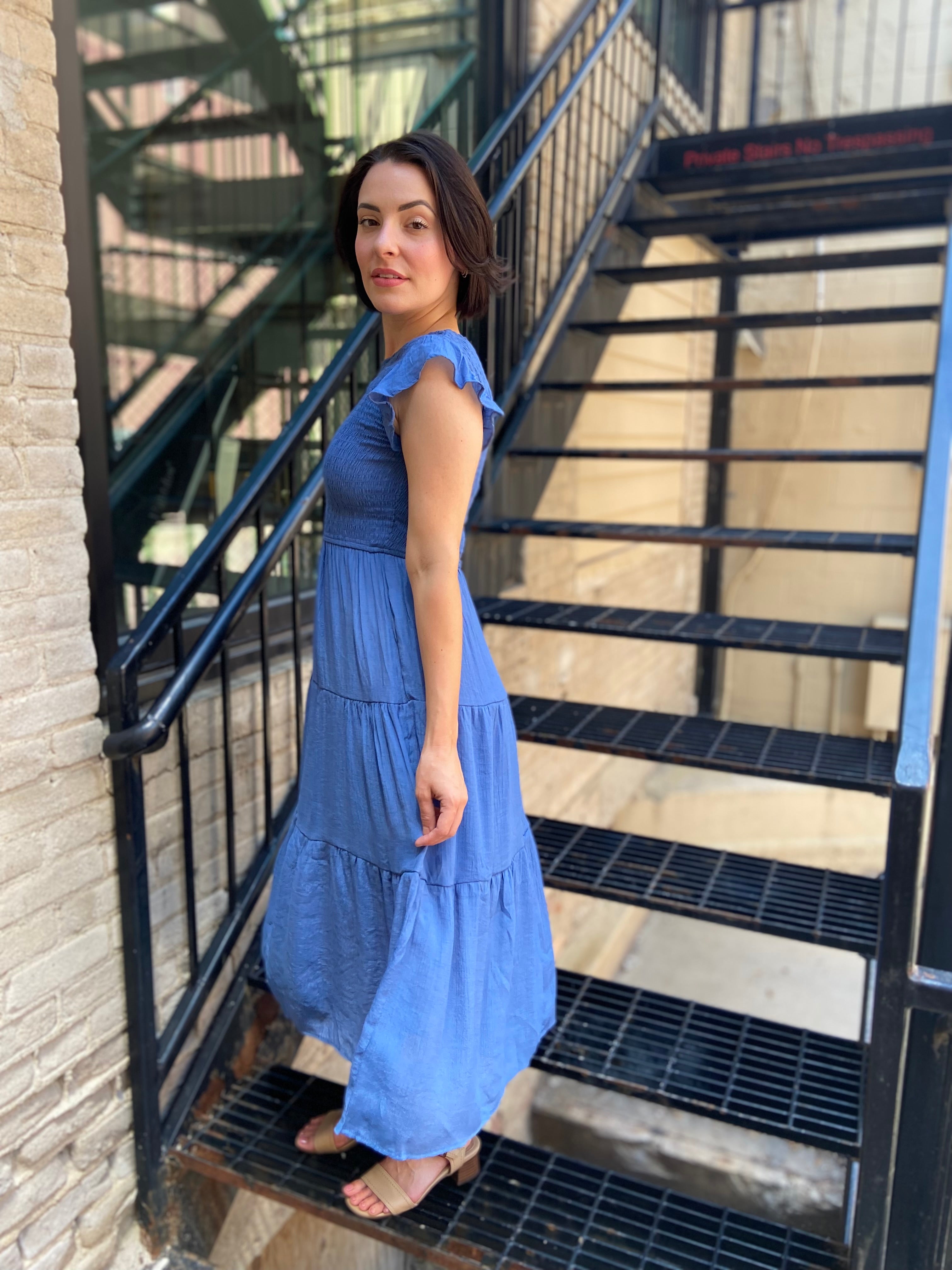 Stella Blue Smocked Tiered Midi Dress - MK Threads Boutique